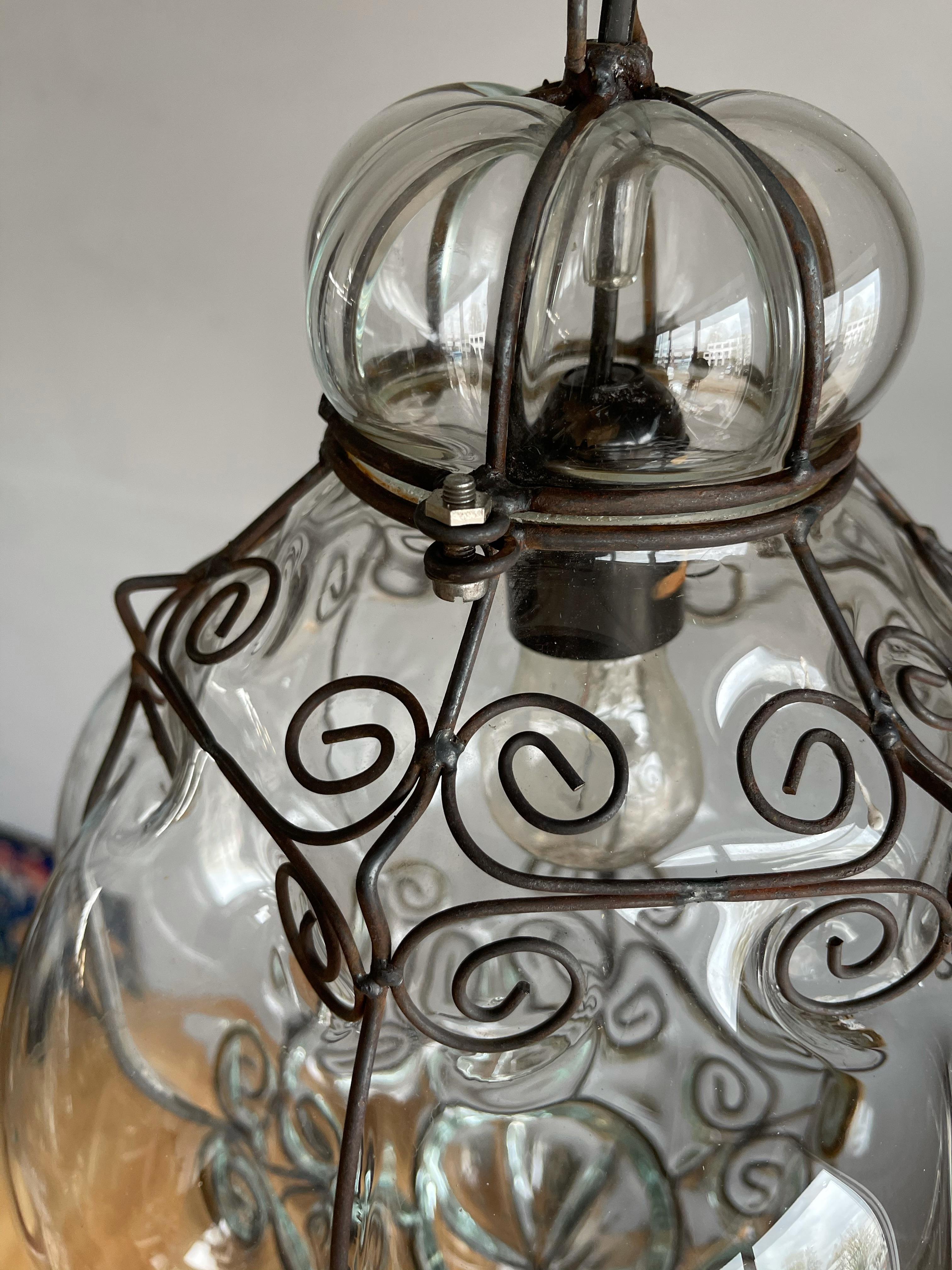 Mid-Century Good Size Venetian Mouth Blown Glass in Metal Frame Pendant Light For Sale 2
