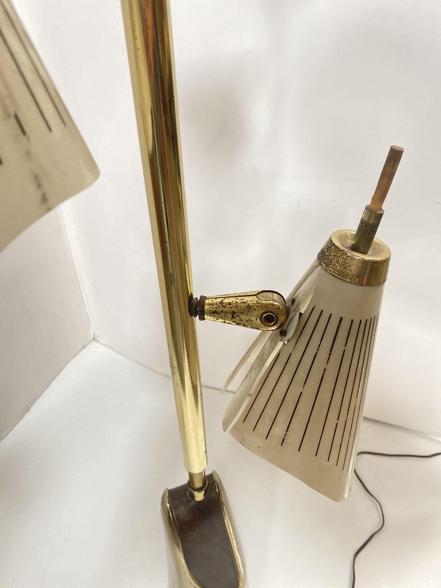 Mid-20th Century Mid Century Googie Brass & Art Pottery Floor Lamp w/ Fiberglass Shades For Sale