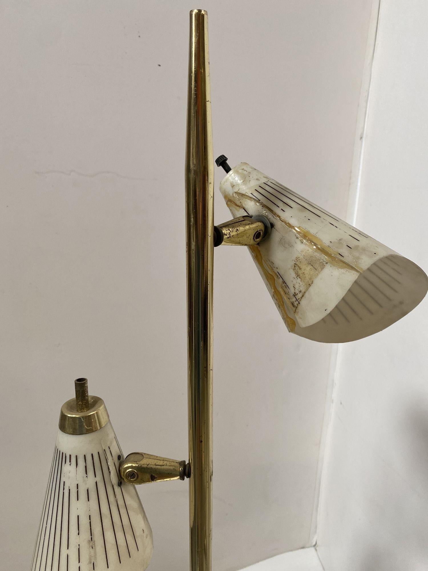 Mid Century Googie Brass & Art Pottery Floor Lamp w/ Fiberglass Shades For Sale 1