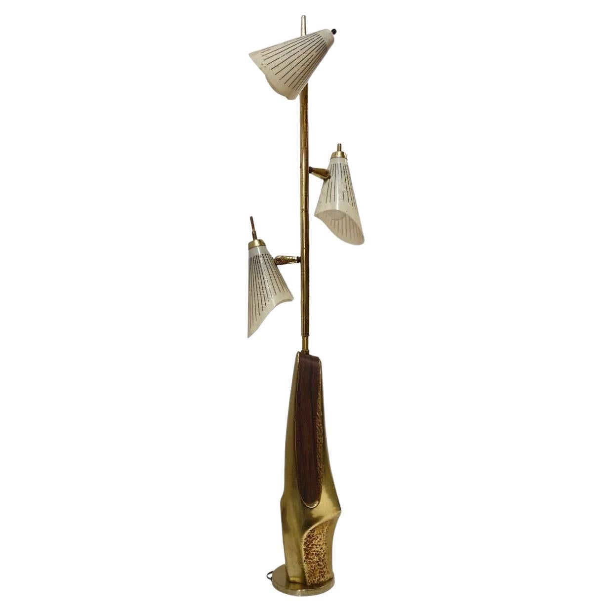 Mid Century Googie Brass & Art Pottery Floor Lamp w/ Fiberglass Shades For Sale