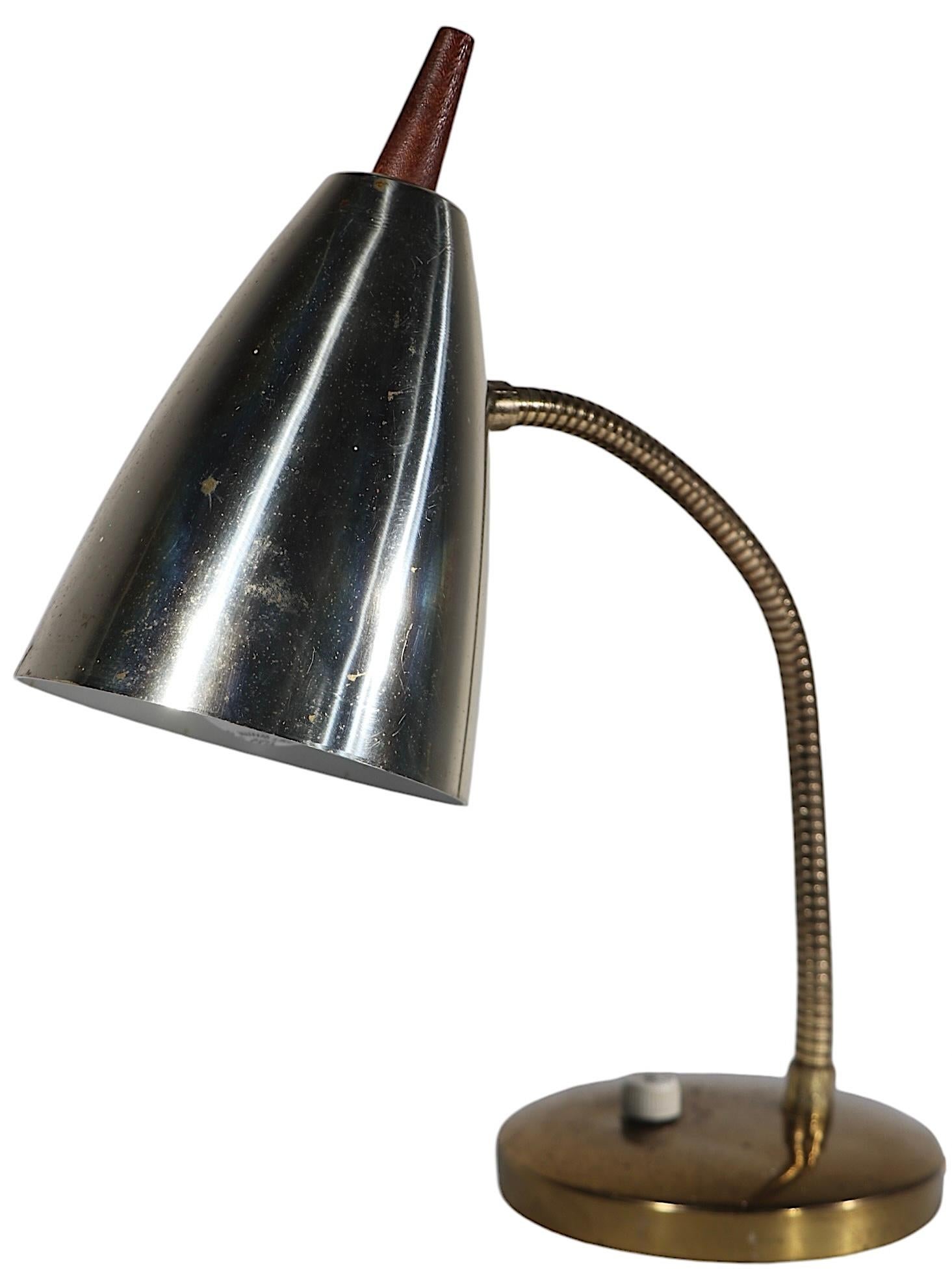 Mid Century Gooseneck Desk Lamp with Bullet Hood Shade with Wood Finial 1950/60s 4