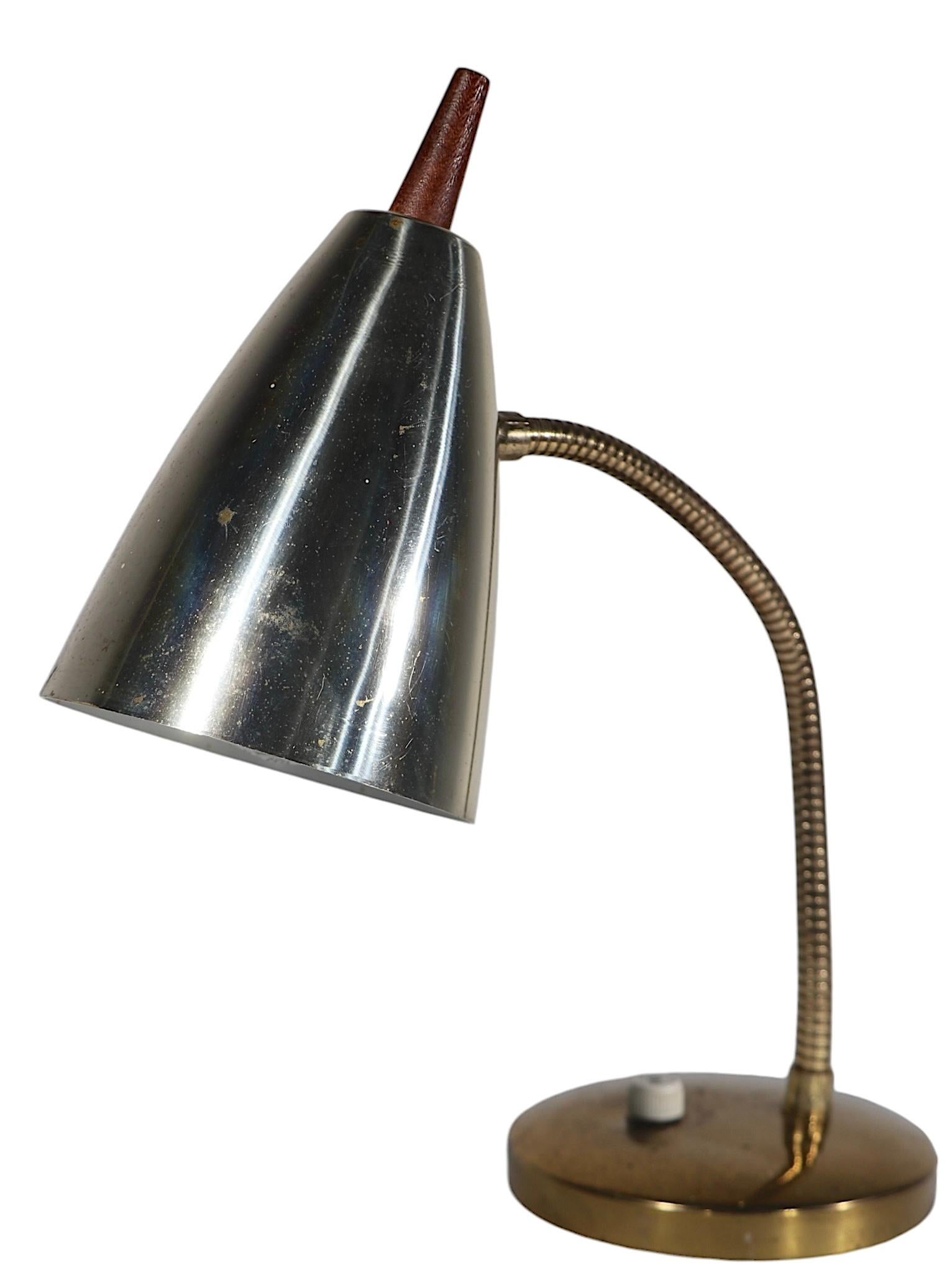 Mid Century Gooseneck Desk Lamp with Bullet Hood Shade with Wood Finial 1950/60s 5