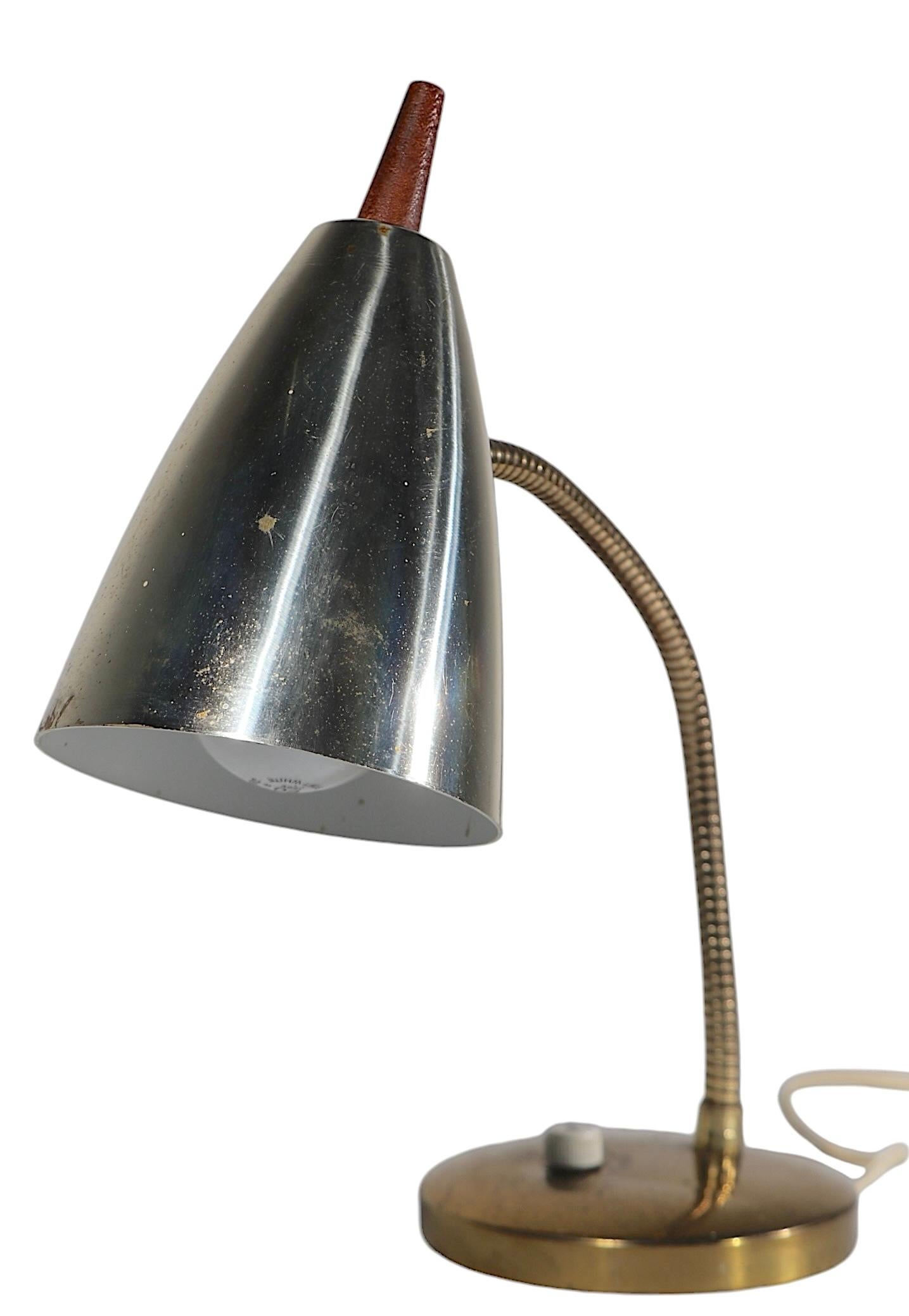Mid Century Gooseneck Desk Lamp with Bullet Hood Shade with Wood Finial 1950/60s 6