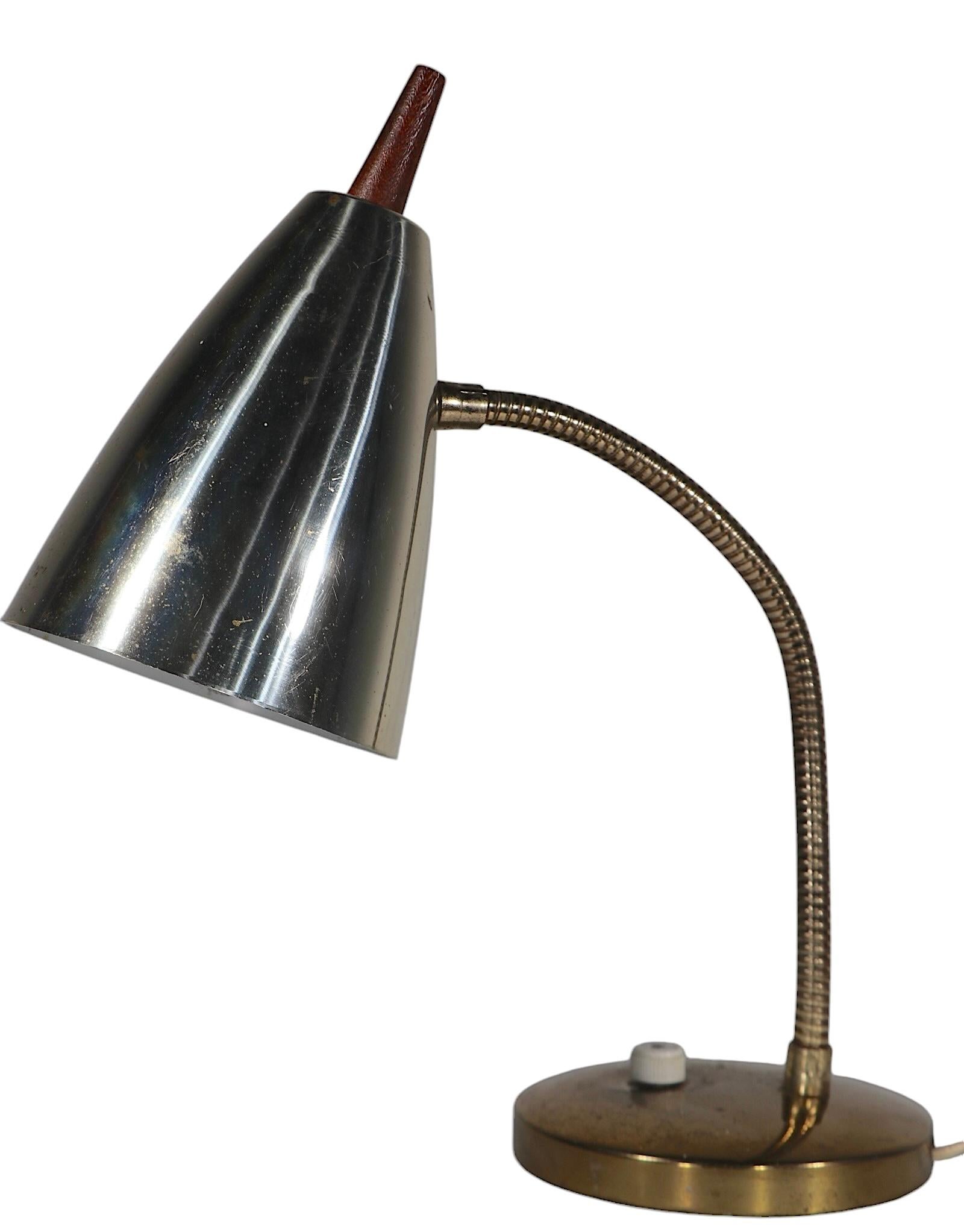 Mid Century Gooseneck Desk Lamp with Bullet Hood Shade with Wood Finial 1950/60s 7