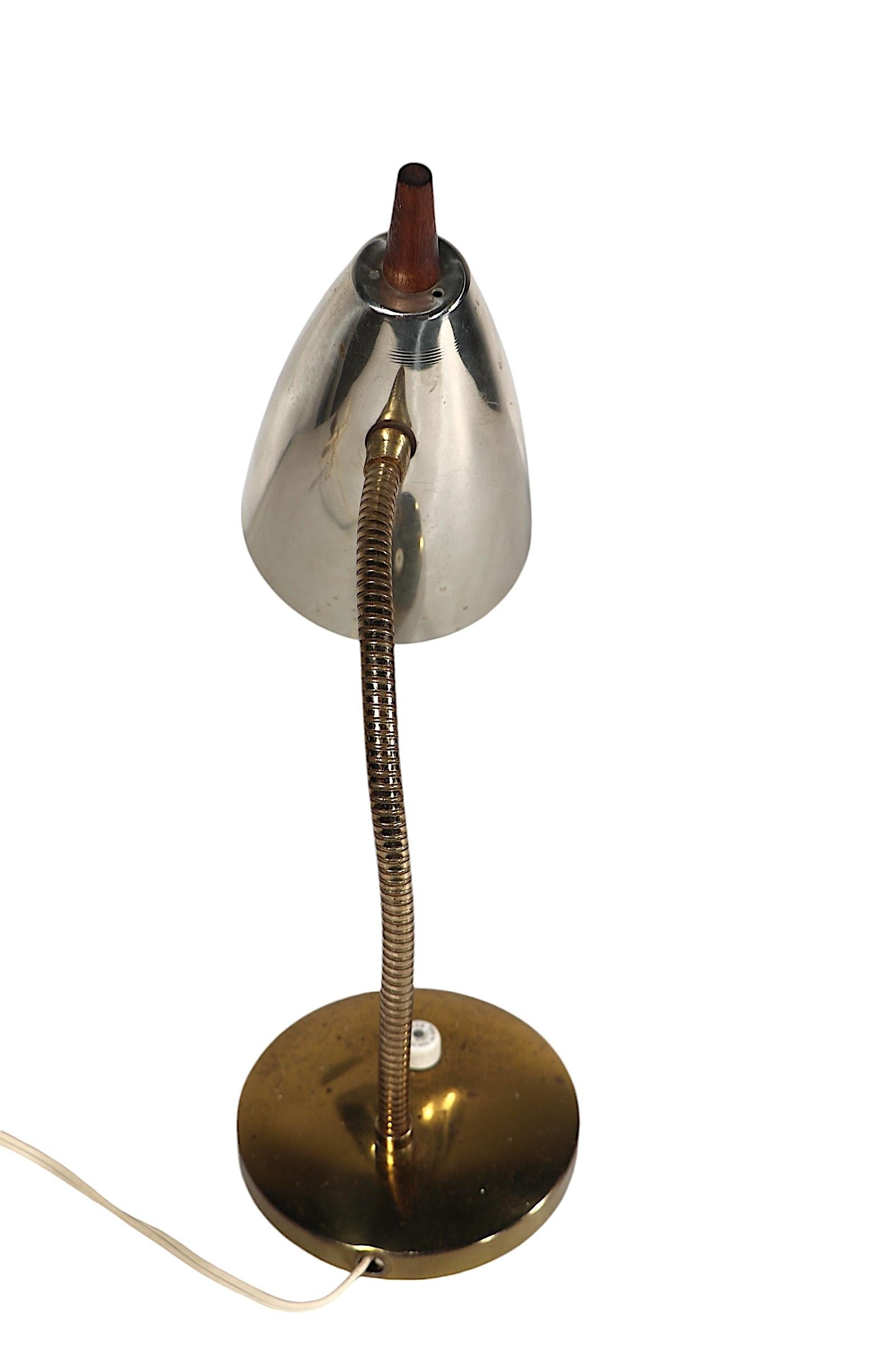 Mid Century Gooseneck Desk Lamp with Bullet Hood Shade with Wood Finial 1950/60s In Good Condition In New York, NY