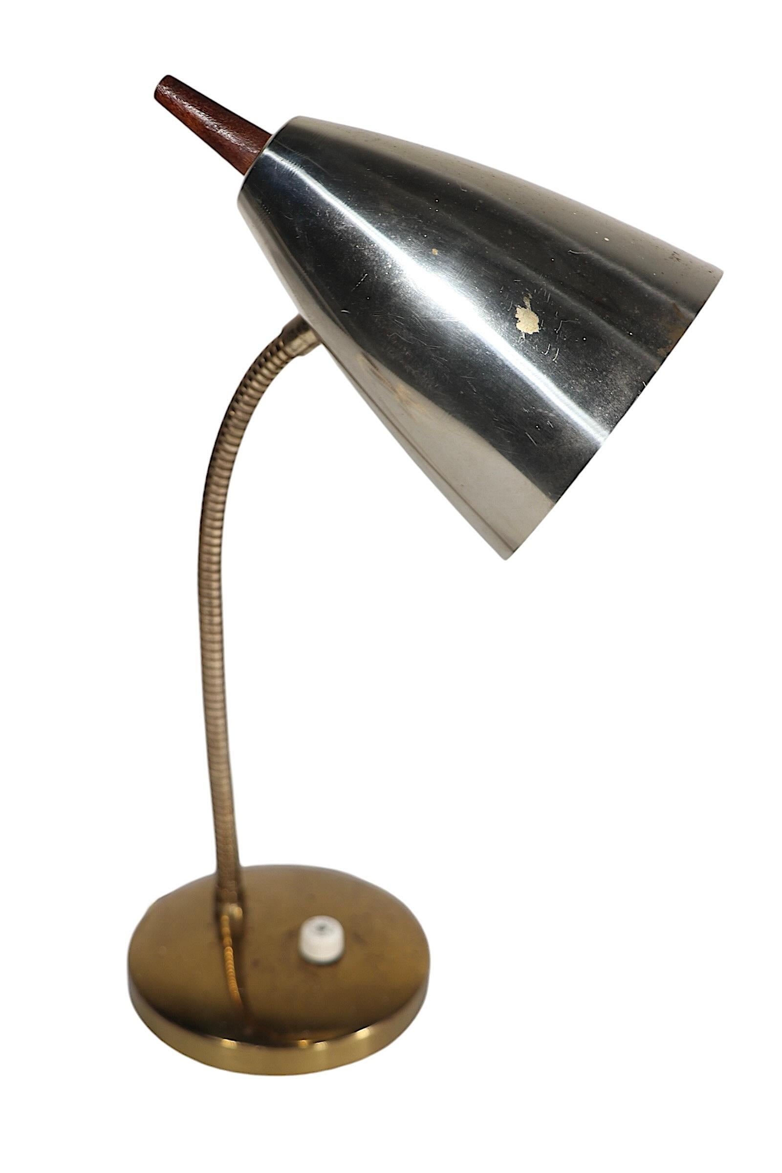 Metal Mid Century Gooseneck Desk Lamp with Bullet Hood Shade with Wood Finial 1950/60s