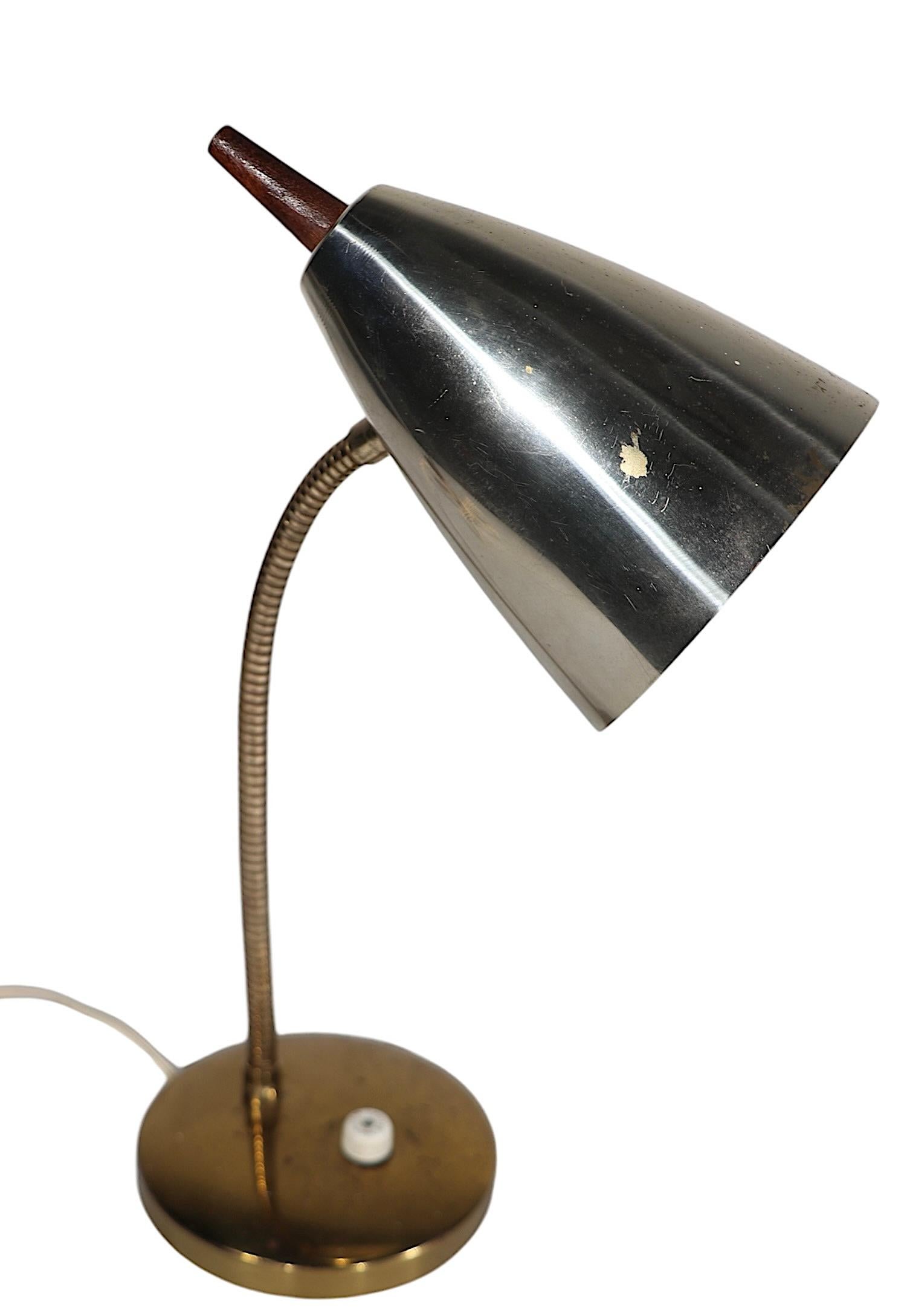Mid Century Gooseneck Desk Lamp with Bullet Hood Shade with Wood Finial 1950/60s 1