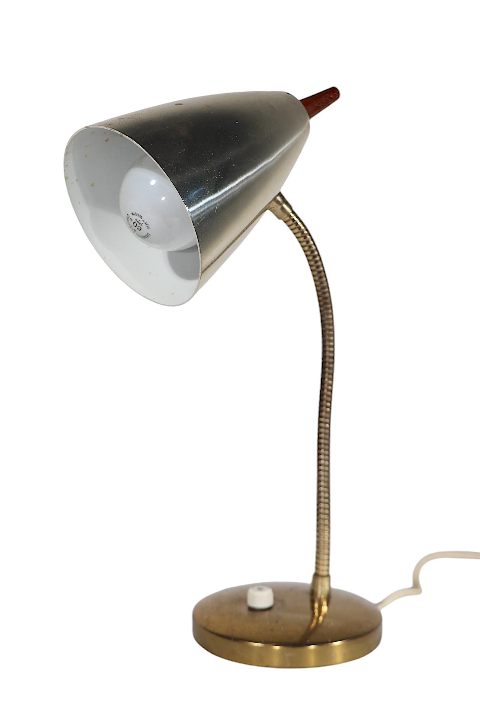 Mid Century Gooseneck Desk Lamp with Bullet Hood Shade with Wood Finial 1950/60s 2