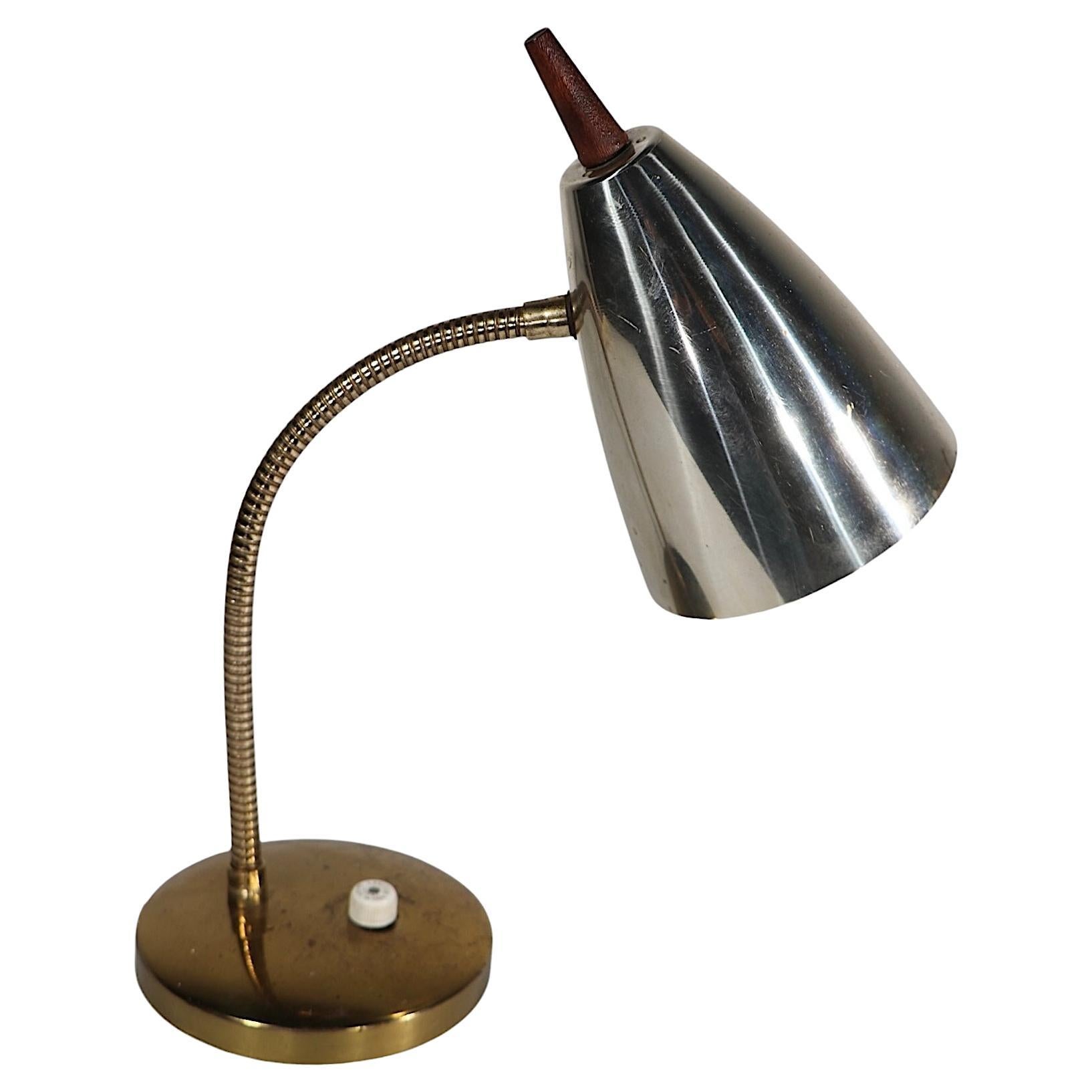 Mid Century Gooseneck Desk Lamp with Bullet Hood Shade with Wood Finial 1950/60s