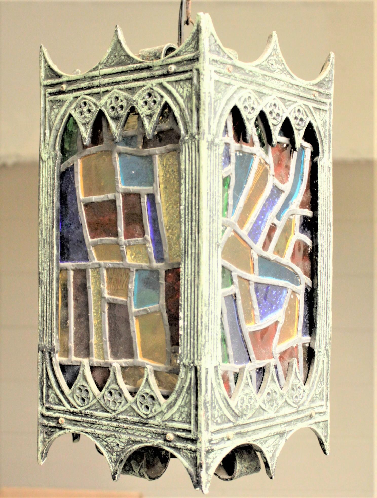 Cold-Painted Midcentury Gothic Revival Swag or Hanging Light with Stained Glass Panels For Sale