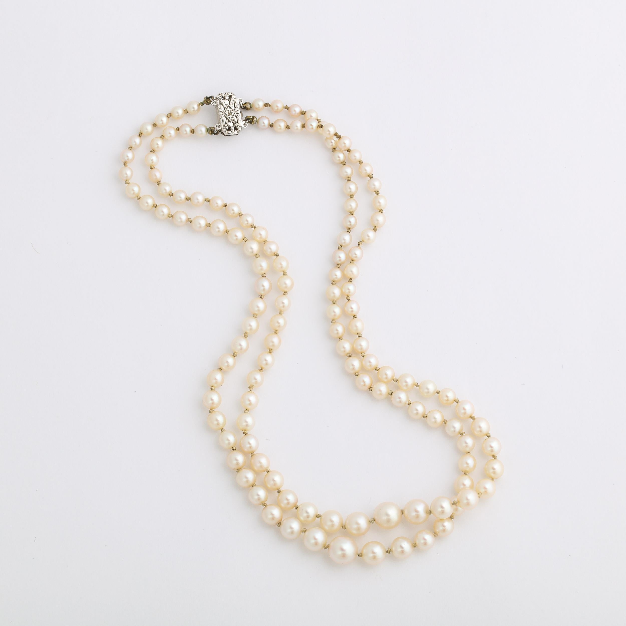 Mid Century Graduated Double Strand Pearl Necklace with 14k gold and Pearl Clasp 3