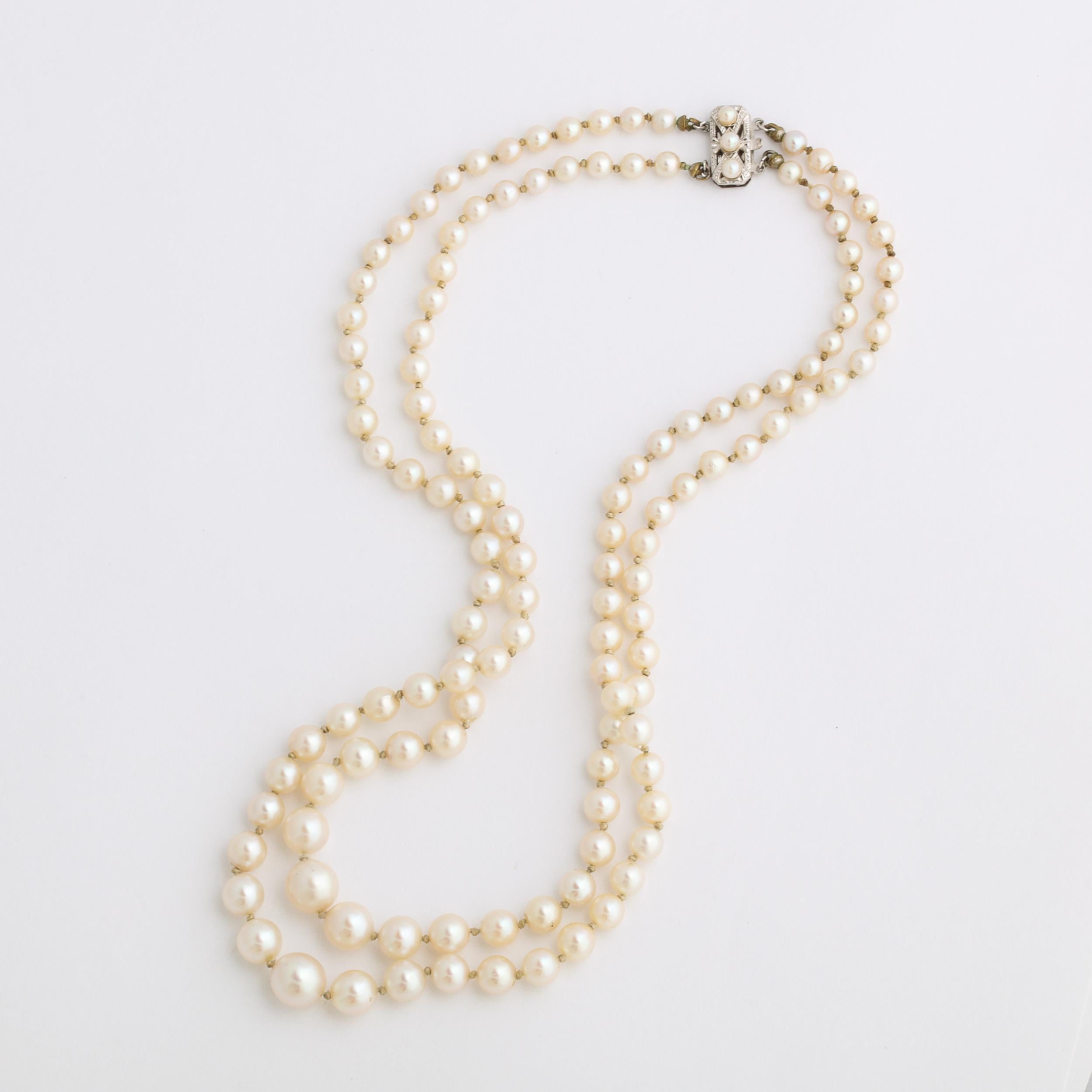 Mid Century Graduated Double Strand Pearl Necklace with 14k gold and Pearl Clasp 7