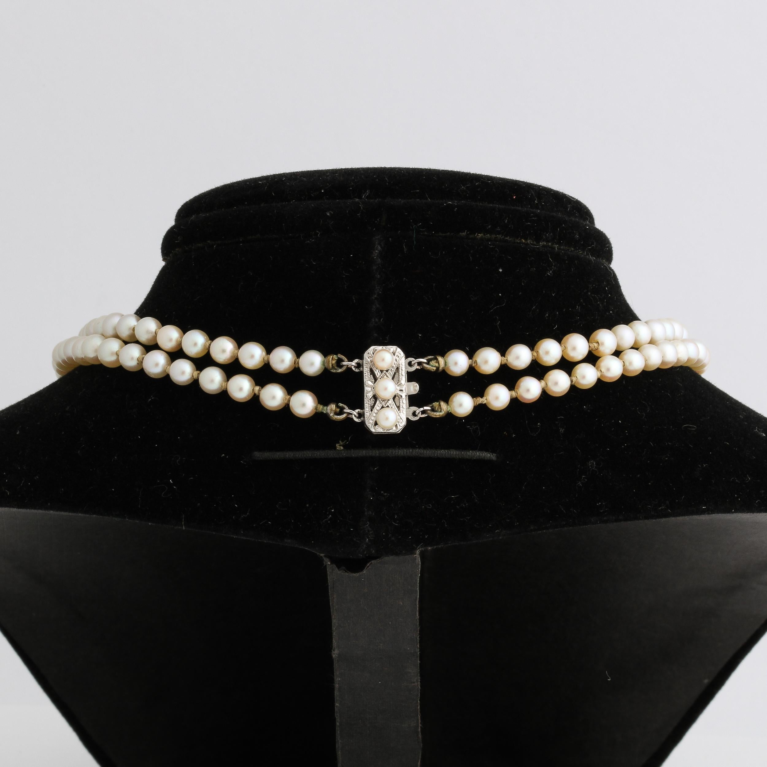 Mid Century Graduated Double Strand Pearl Necklace with 14k gold and Pearl Clasp 8