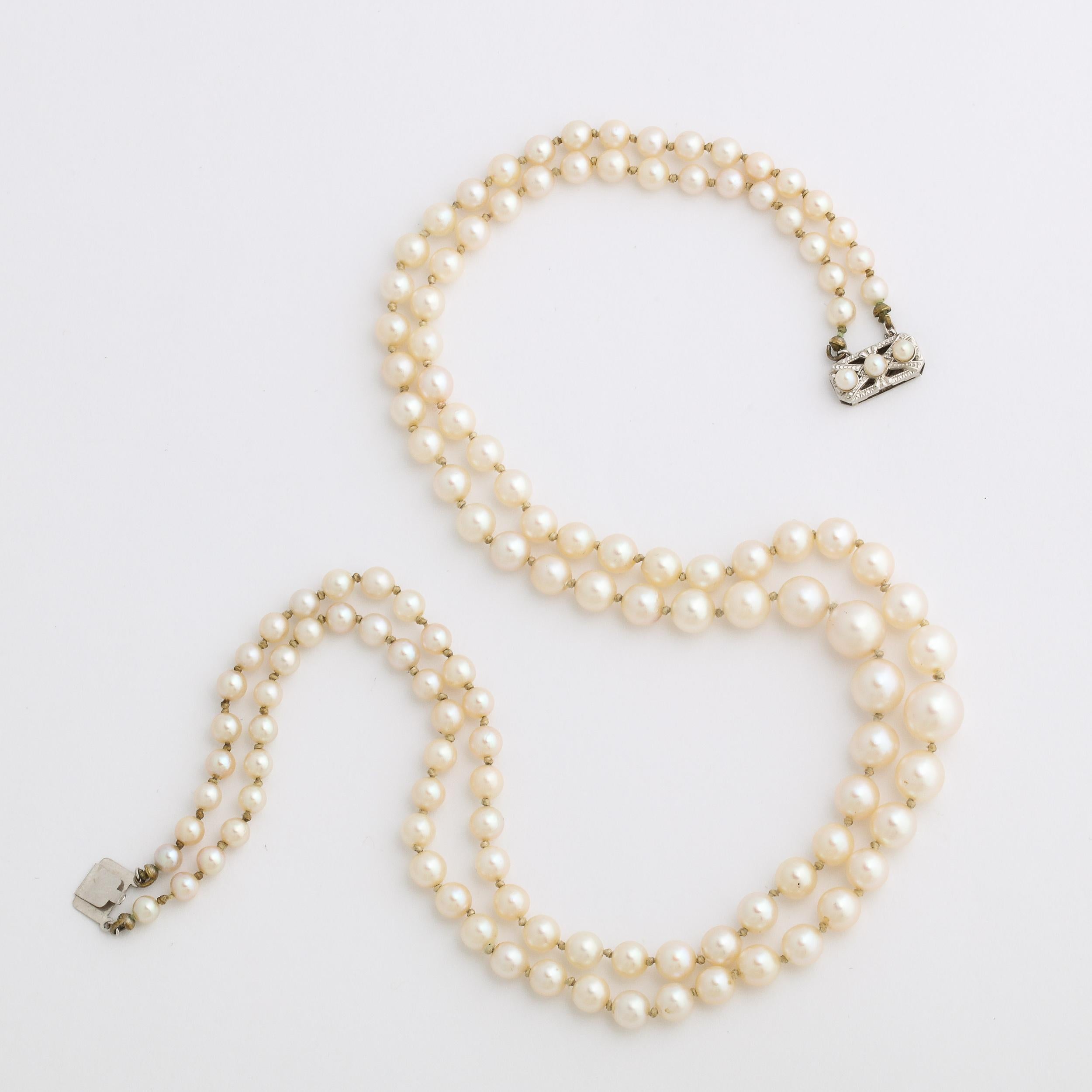Mid Century Graduated Double Strand Pearl Necklace with 14k gold and Pearl Clasp 9