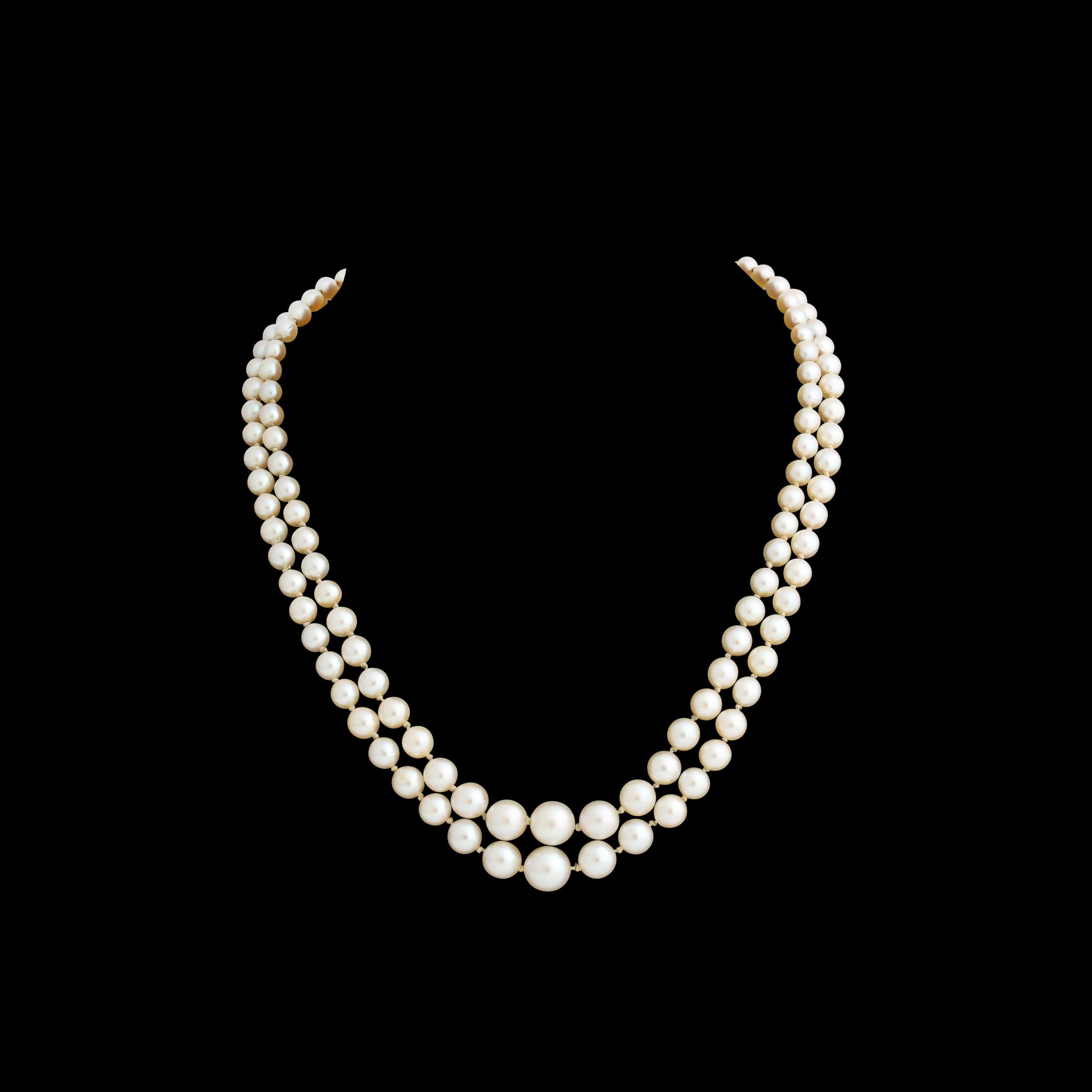 Neoclassical Mid Century Graduated Double Strand Pearl Necklace with 14k gold and Pearl Clasp