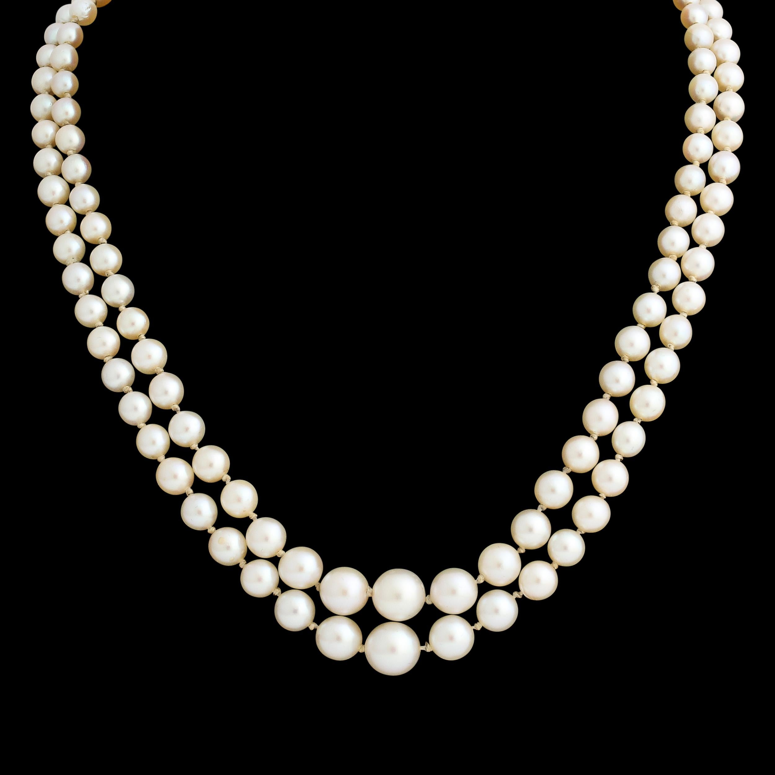 Bead Mid Century Graduated Double Strand Pearl Necklace with 14k gold and Pearl Clasp
