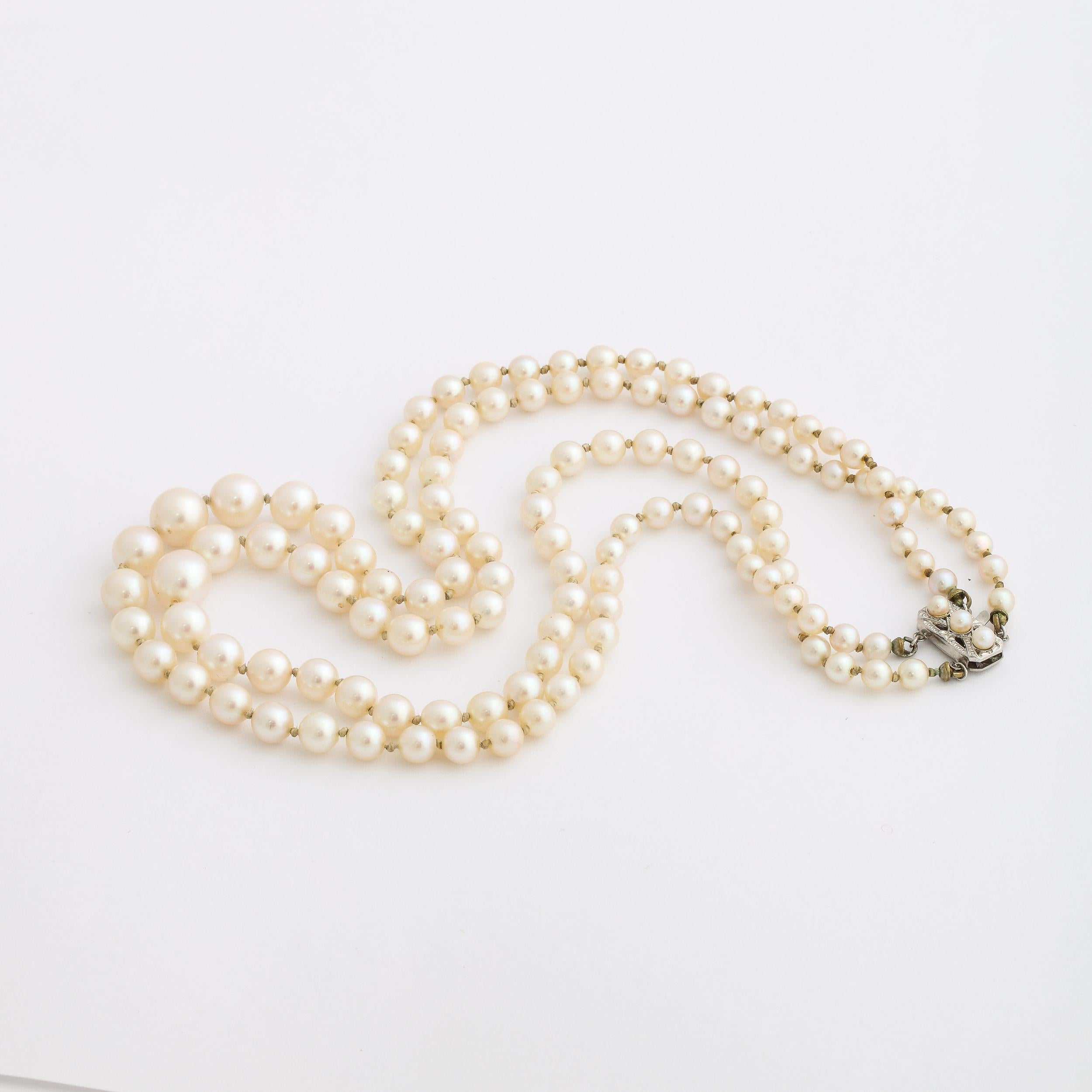 Women's or Men's Mid Century Graduated Double Strand Pearl Necklace with 14k gold and Pearl Clasp