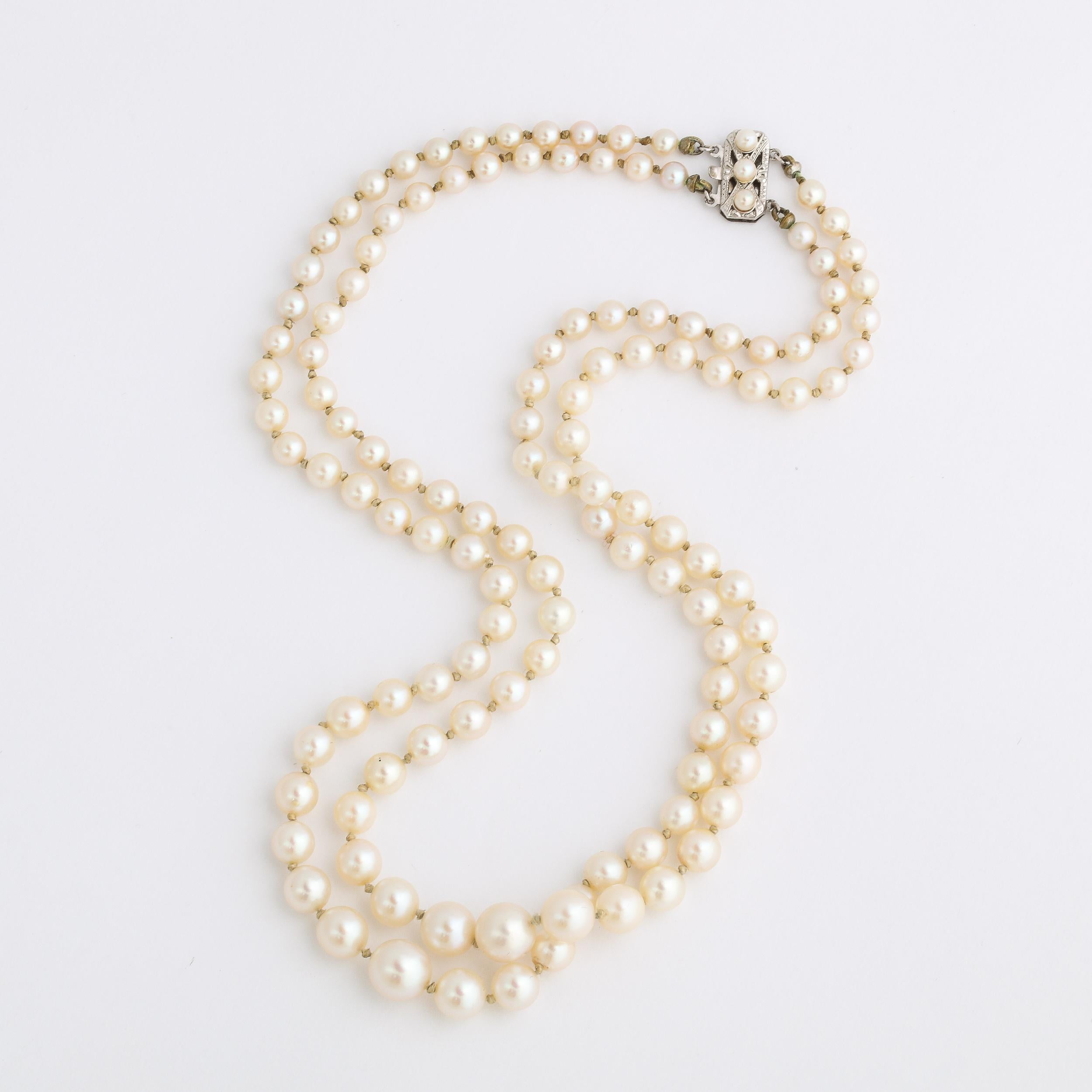 Mid Century Graduated Double Strand Pearl Necklace with 14k gold and Pearl Clasp 1