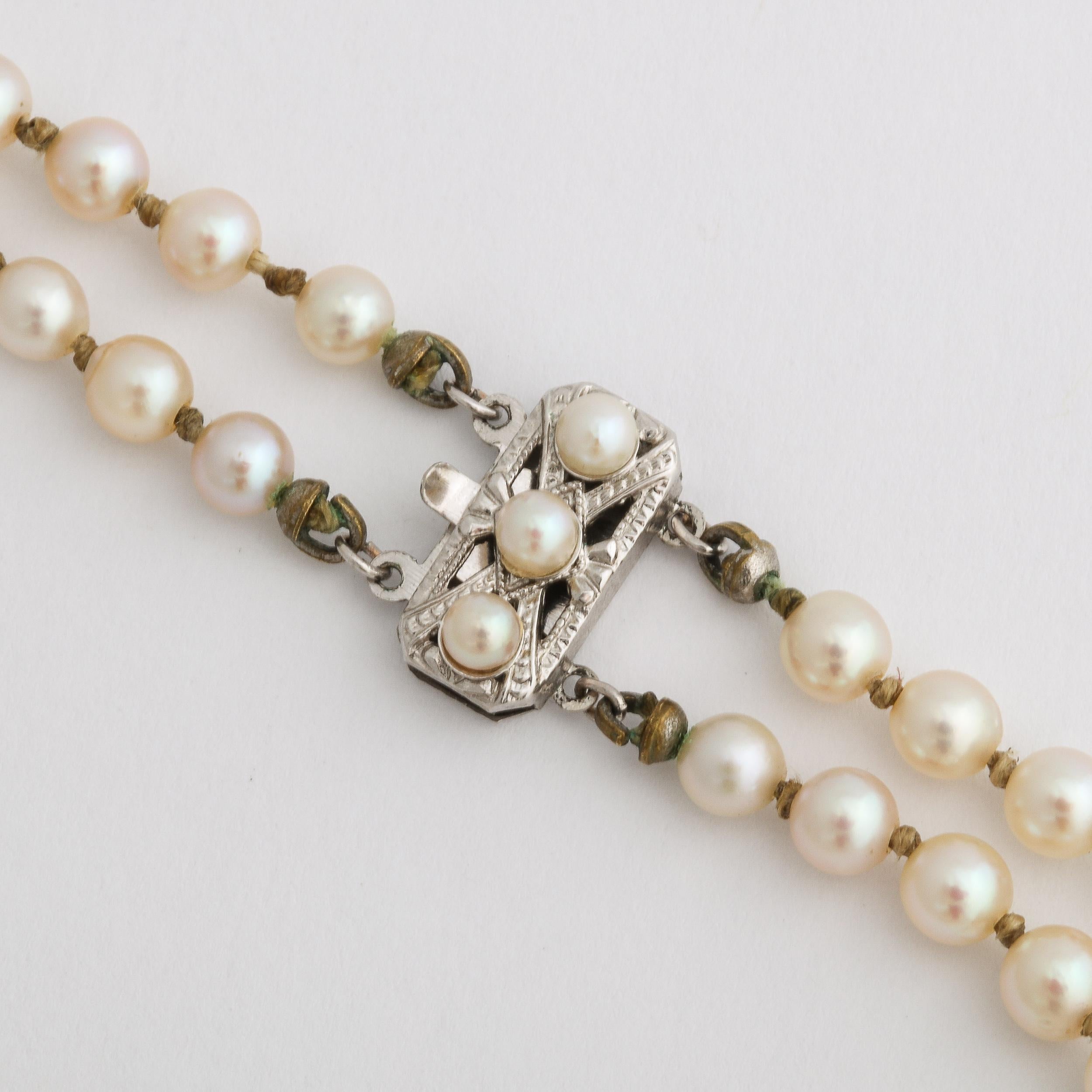 Mid Century Graduated Double Strand Pearl Necklace with 14k gold and Pearl Clasp 2