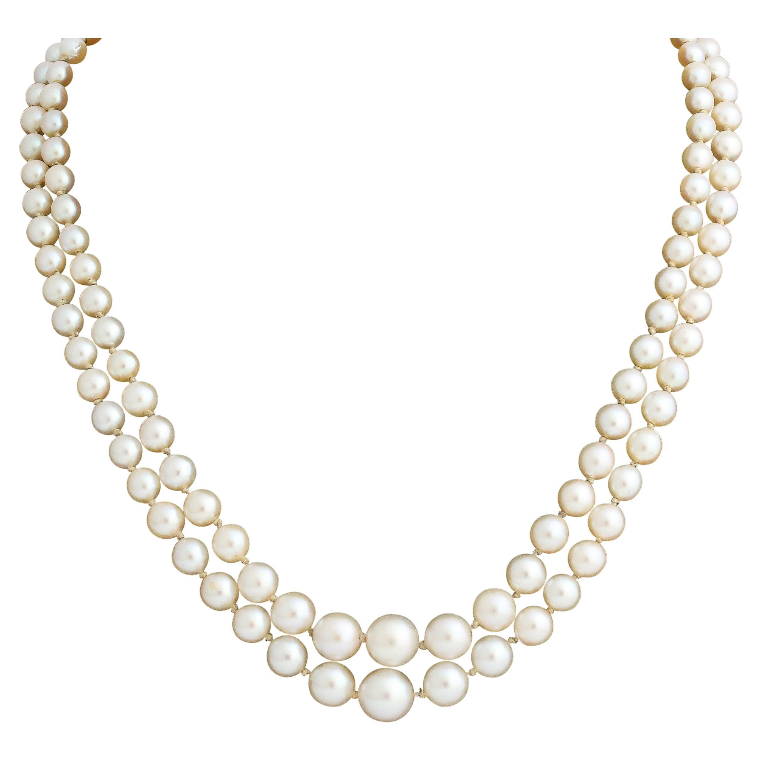 Mid Century Graduated Double Strand Pearl Necklace with 14k gold and Pearl Clasp