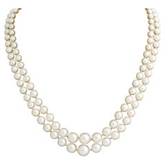 Vintage Mid Century Graduated Double Strand Pearl Necklace with 14k gold and Pearl Clasp