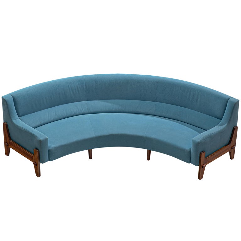 Mid-Century Grand Italian Curved Sofa in Sky Blue Upholstery and Wood 300cm