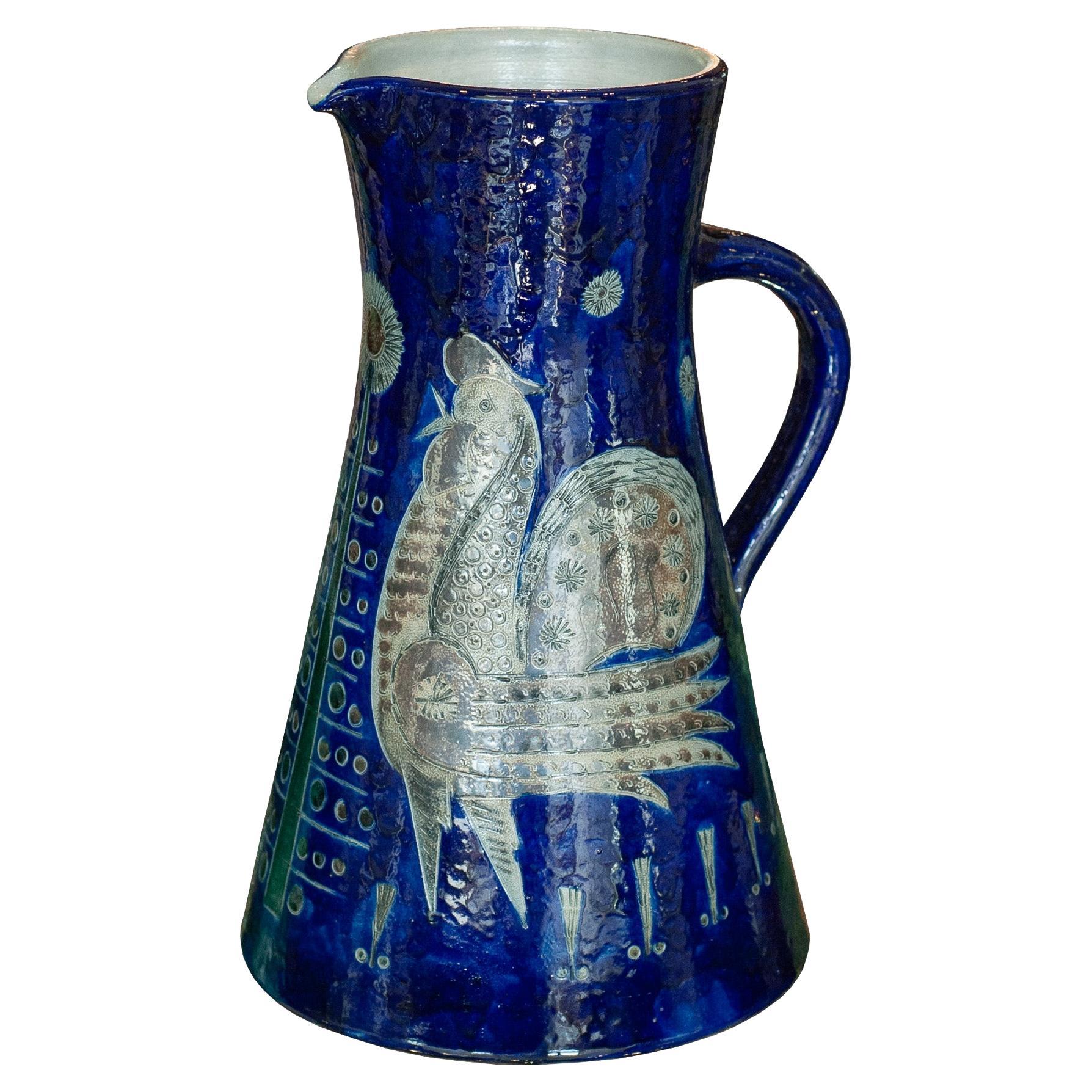 Mid Century Grand Scale Salt Glazed Jug with Rooster Motif by Wim Mühlendyck