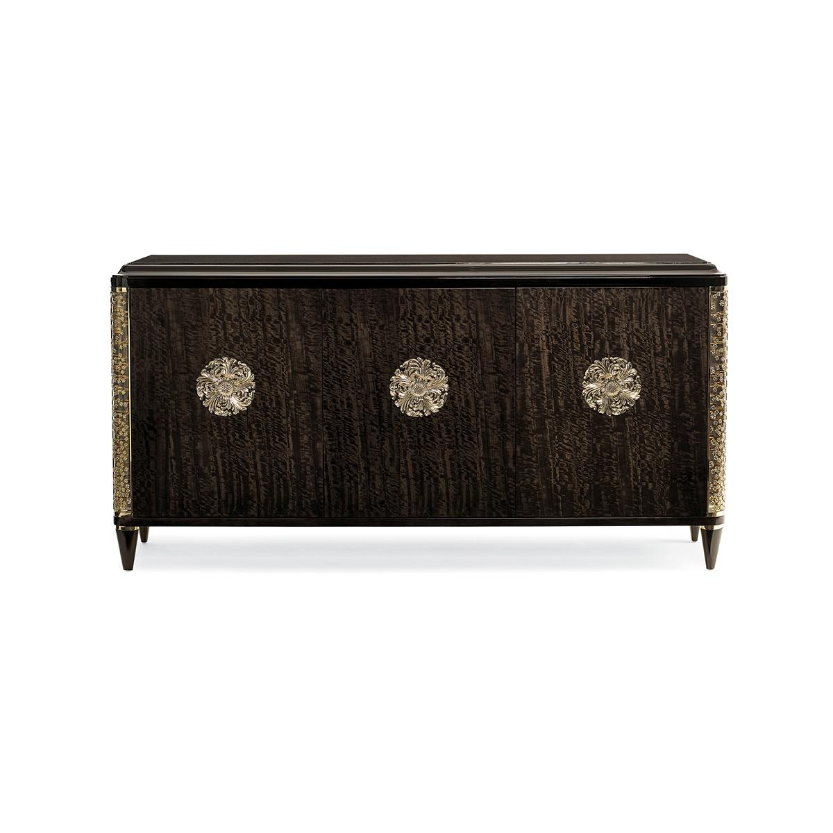 Mid Century Grandiose credenza, Bold and daring, your eye is immediately drawn to the beautifully dyed eucalyptus veneers and the three custom-designed floral-inspired door pulls.

The entire case, inside and out, is veneered in Nightfall—truly