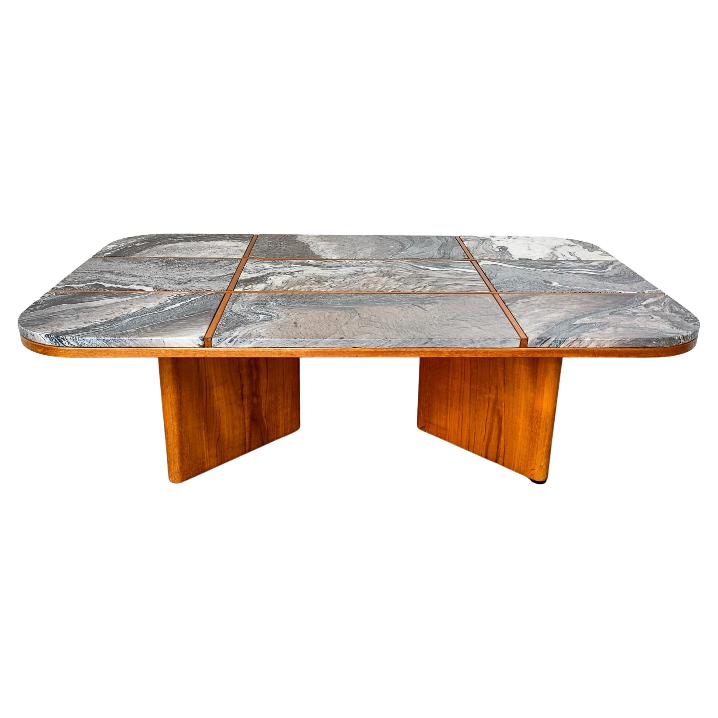 Mid-Century Granite Stormy Cloud Stone and Teak Wood Grid Coffee Table