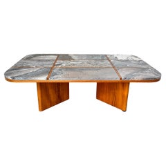 Mid-Century Granite Stormy Cloud Stone and Teak Wood Grid Coffee Table