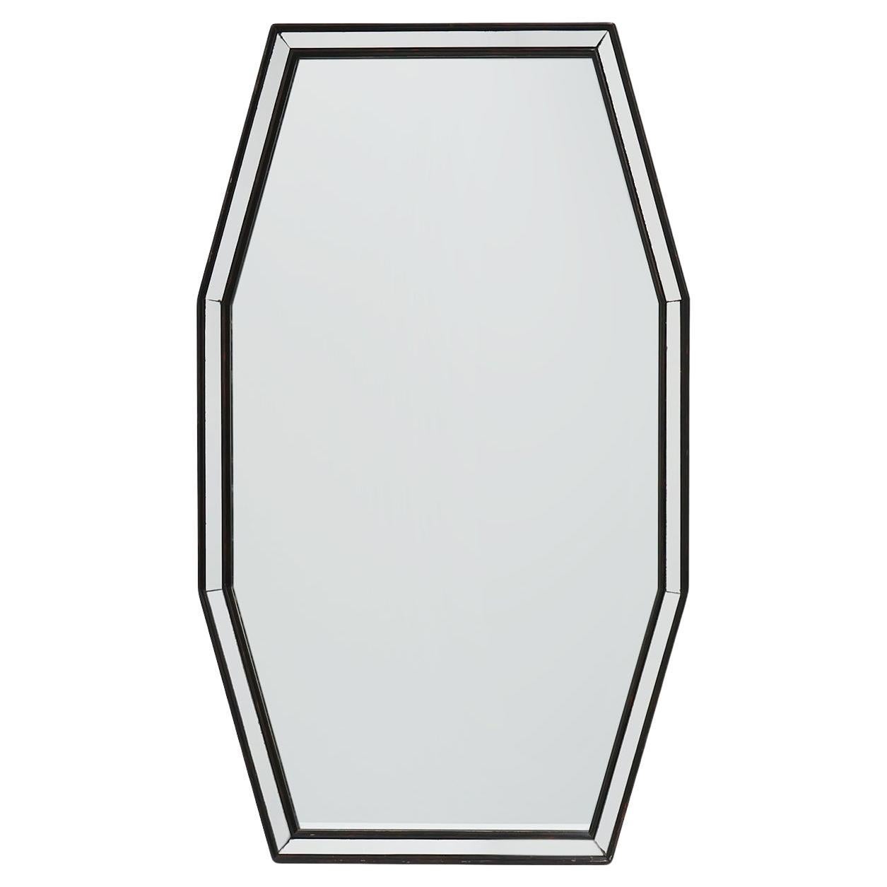 Miroir octogonal graphique du milieu du siècle avec cadre en bois et miroir noir, 1960s en vente