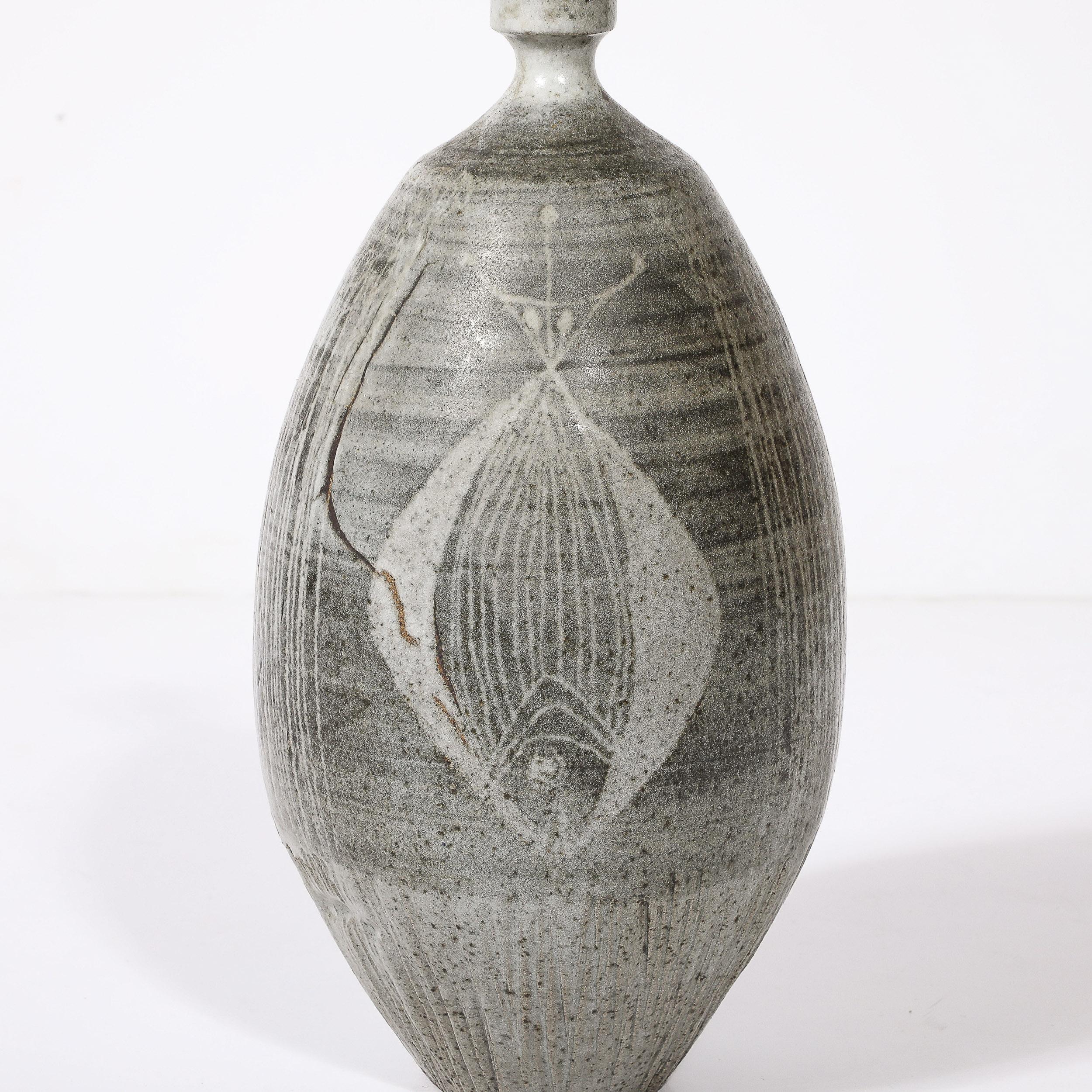 Mid-Century Modern Mid-Century Graphite Glazed Ceramic Vase W/ Fish Motif signed Antonio Prieto