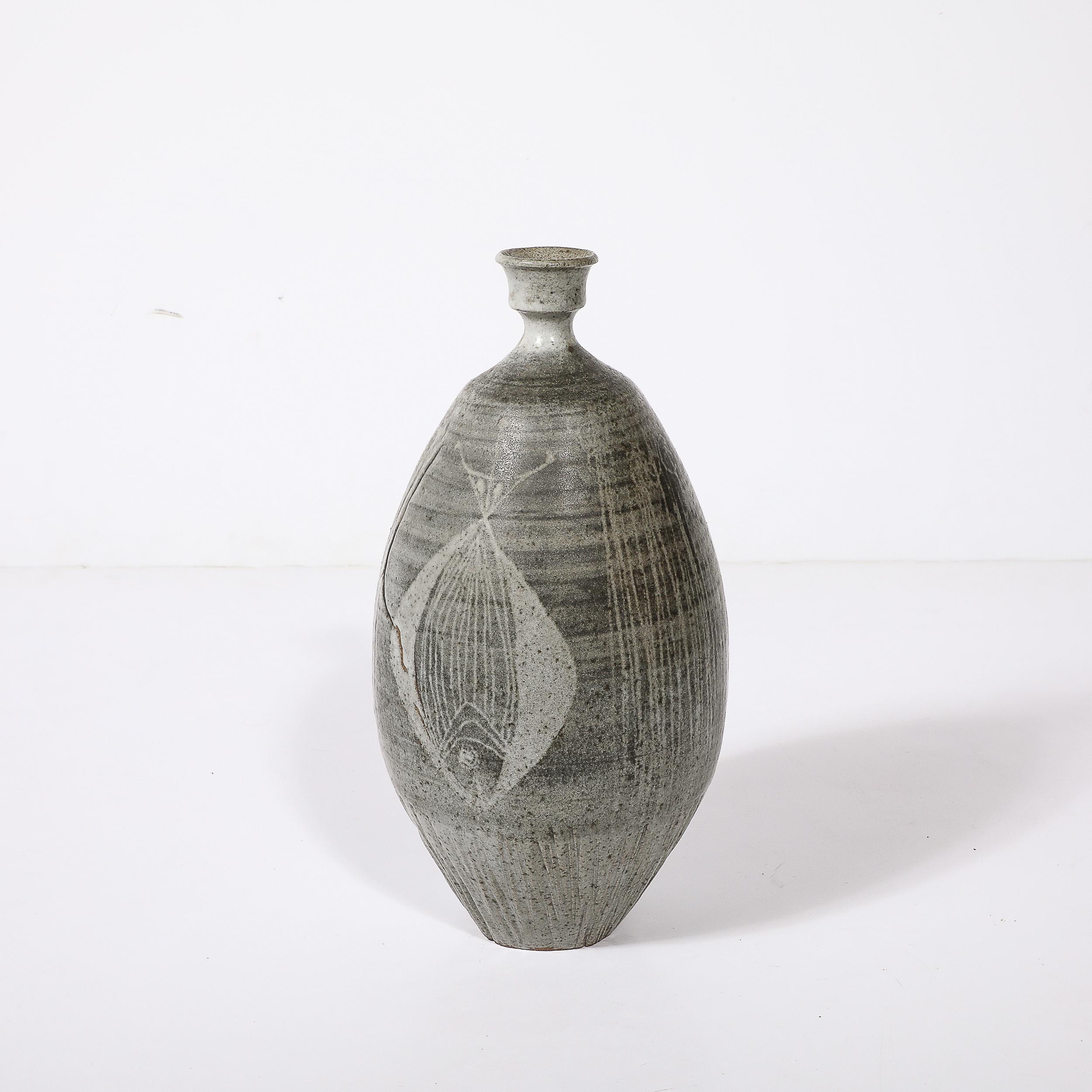 Mid-Century Graphite Glazed Ceramic Vase W/ Fish Motif signed Antonio Prieto In Excellent Condition In New York, NY
