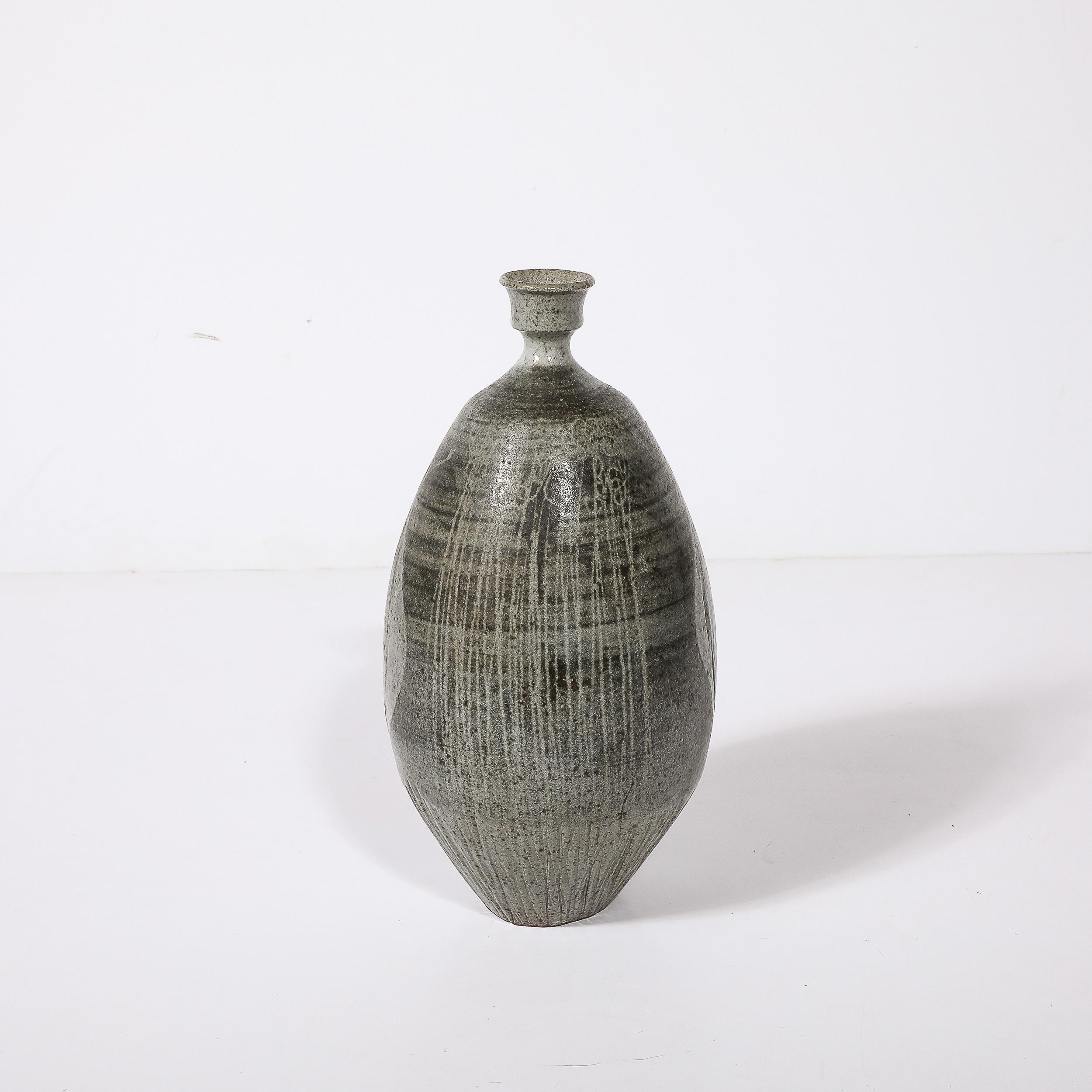 Mid-20th Century Mid-Century Graphite Glazed Ceramic Vase W/ Fish Motif signed Antonio Prieto