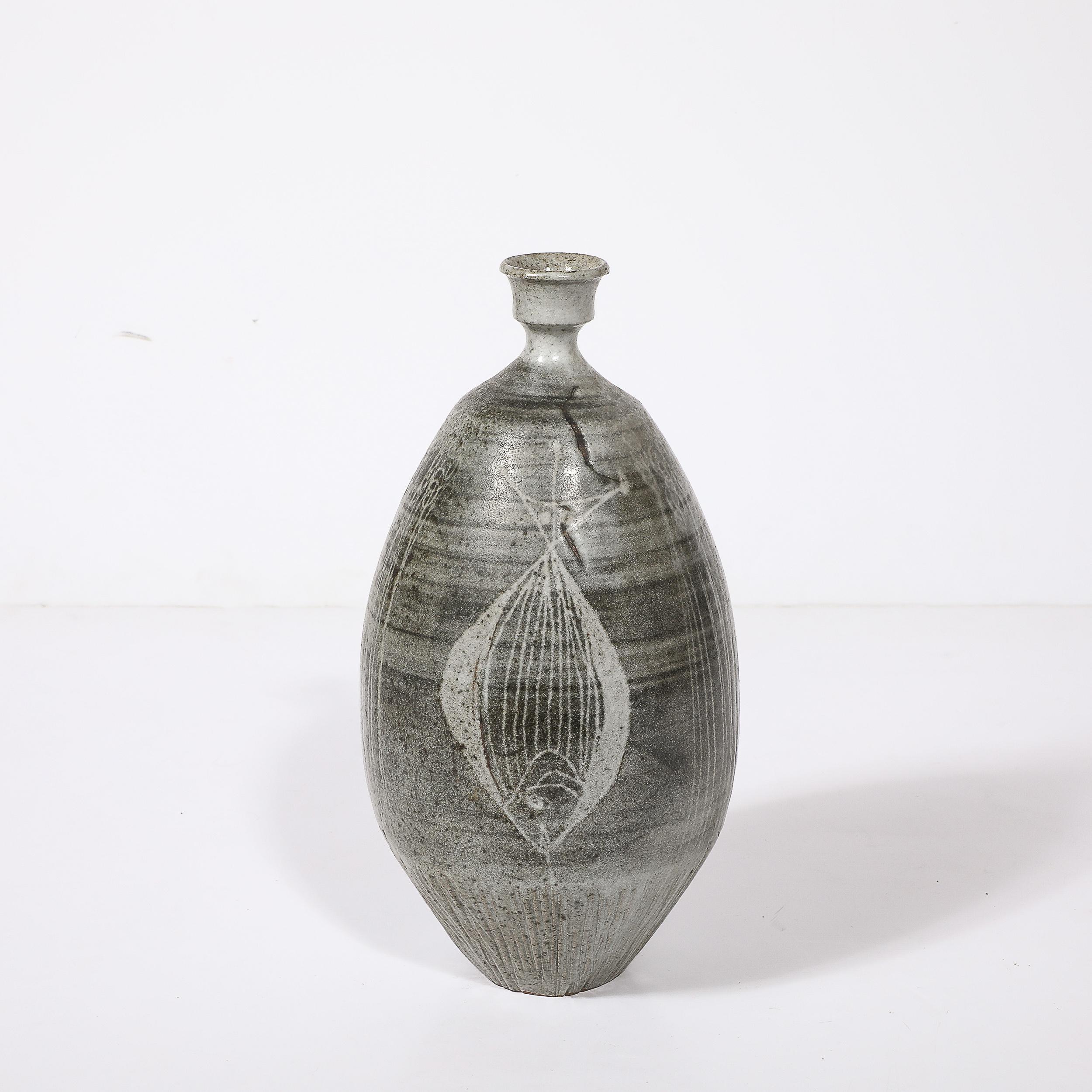 Mid-Century Graphite Glazed Ceramic Vase W/ Fish Motif signed Antonio Prieto 2