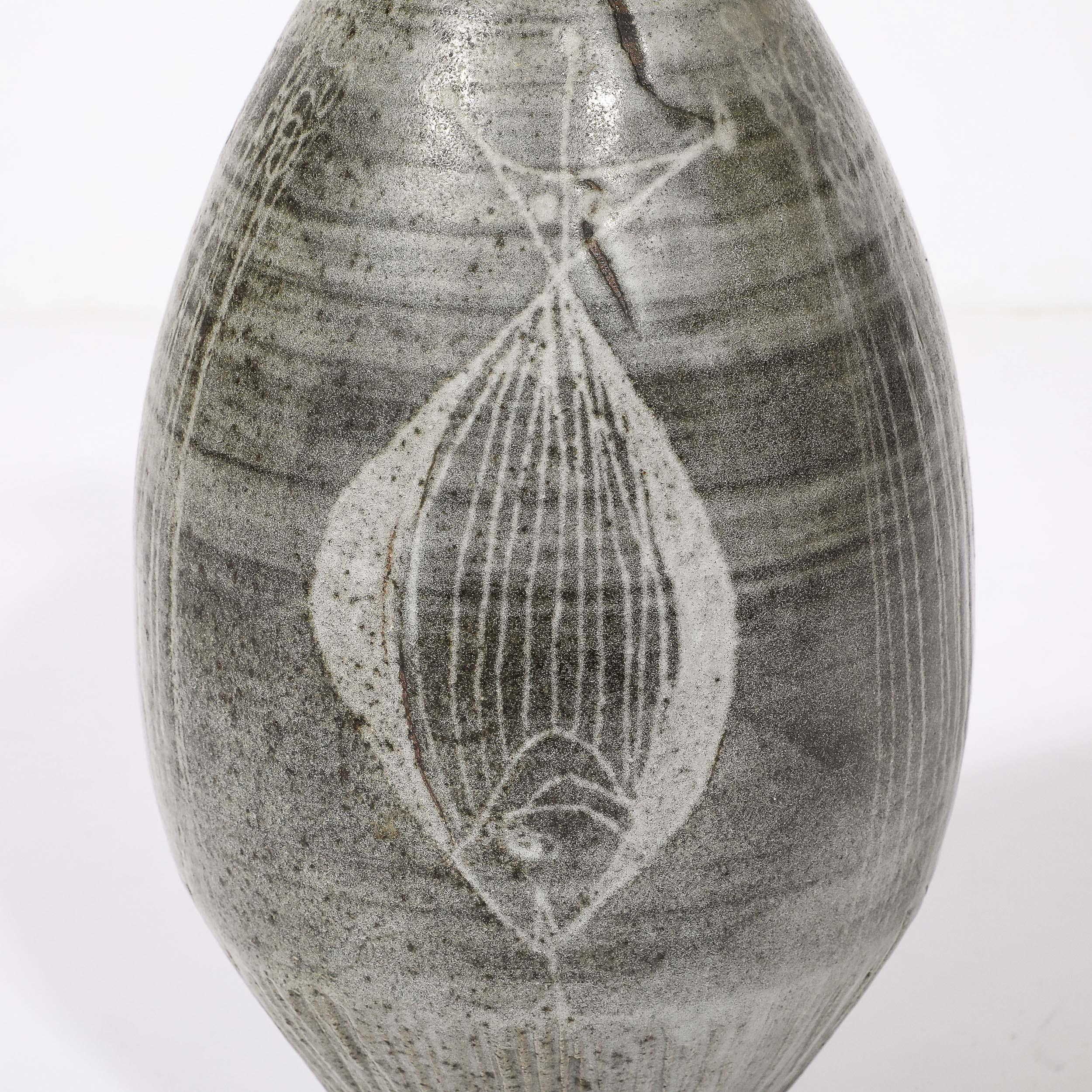 Mid-Century Graphite Glazed Ceramic Vase W/ Fish Motif signed Antonio Prieto 3