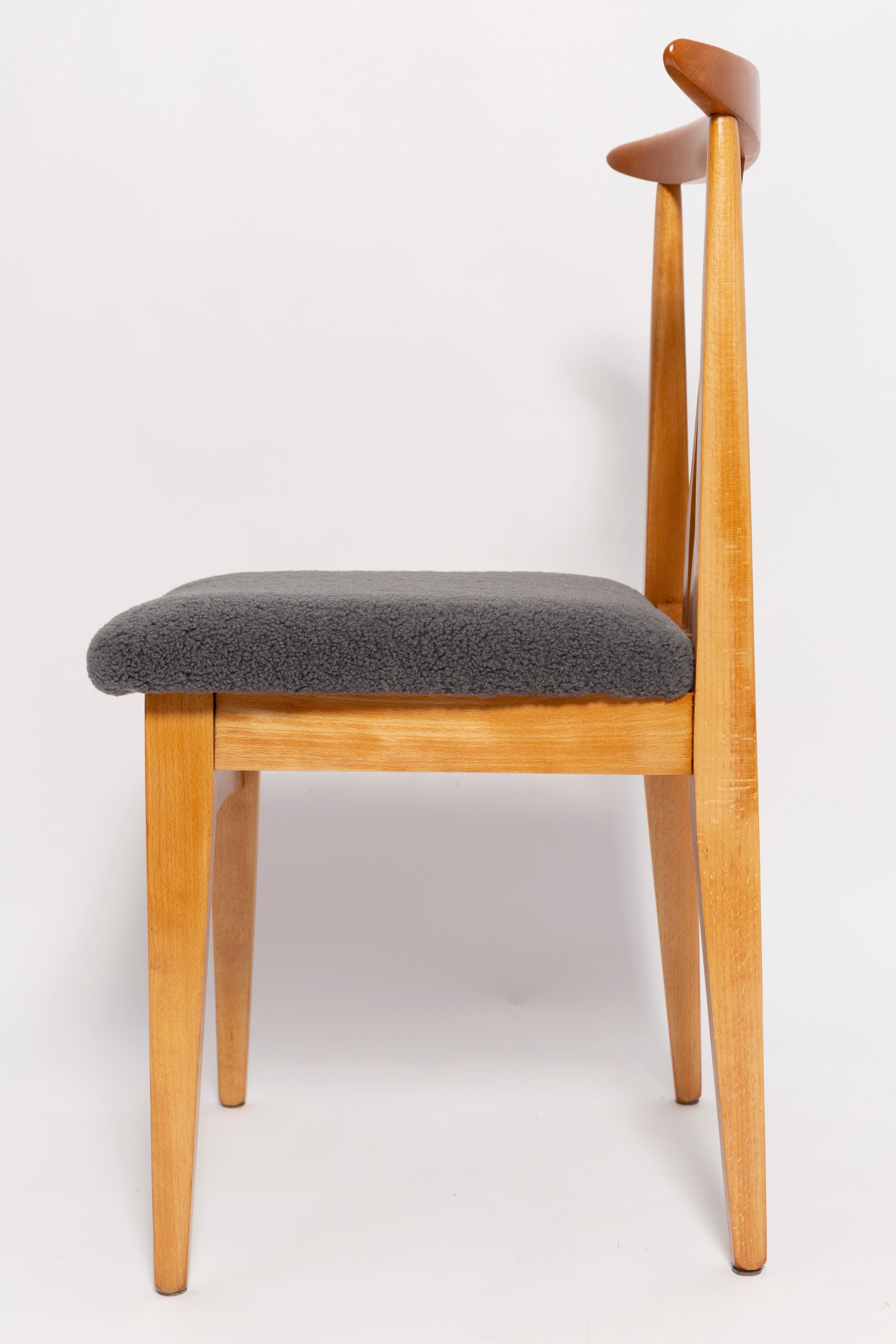 Hand-Crafted Mid-Century Graphite Gray Boucle Chair, Light Wood, M. Zielinski, Europe, 1960 For Sale