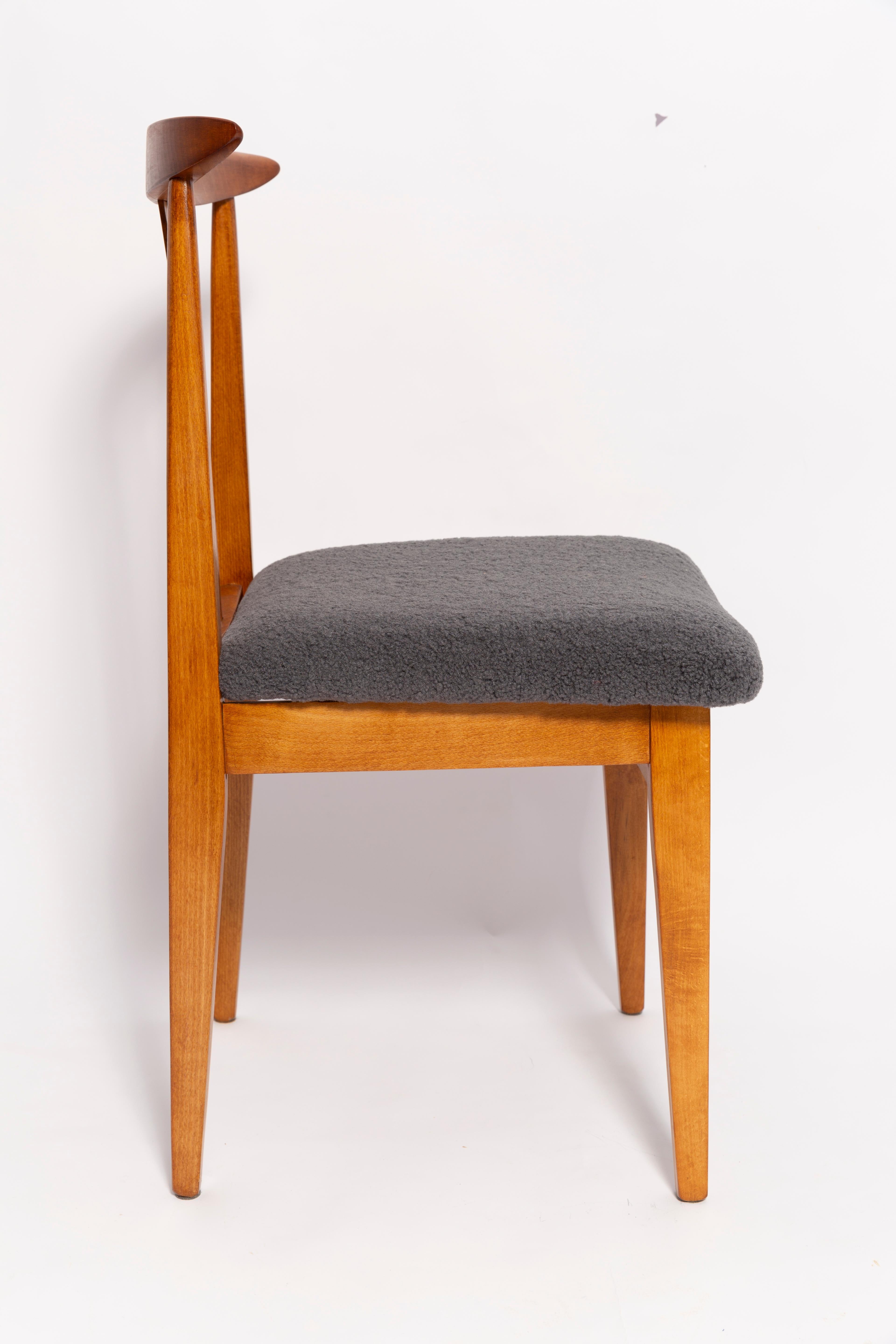Polish Mid-Century Graphite Gray Boucle Chair, Medium Wood, M. Zielinski, Europe, 1960 For Sale