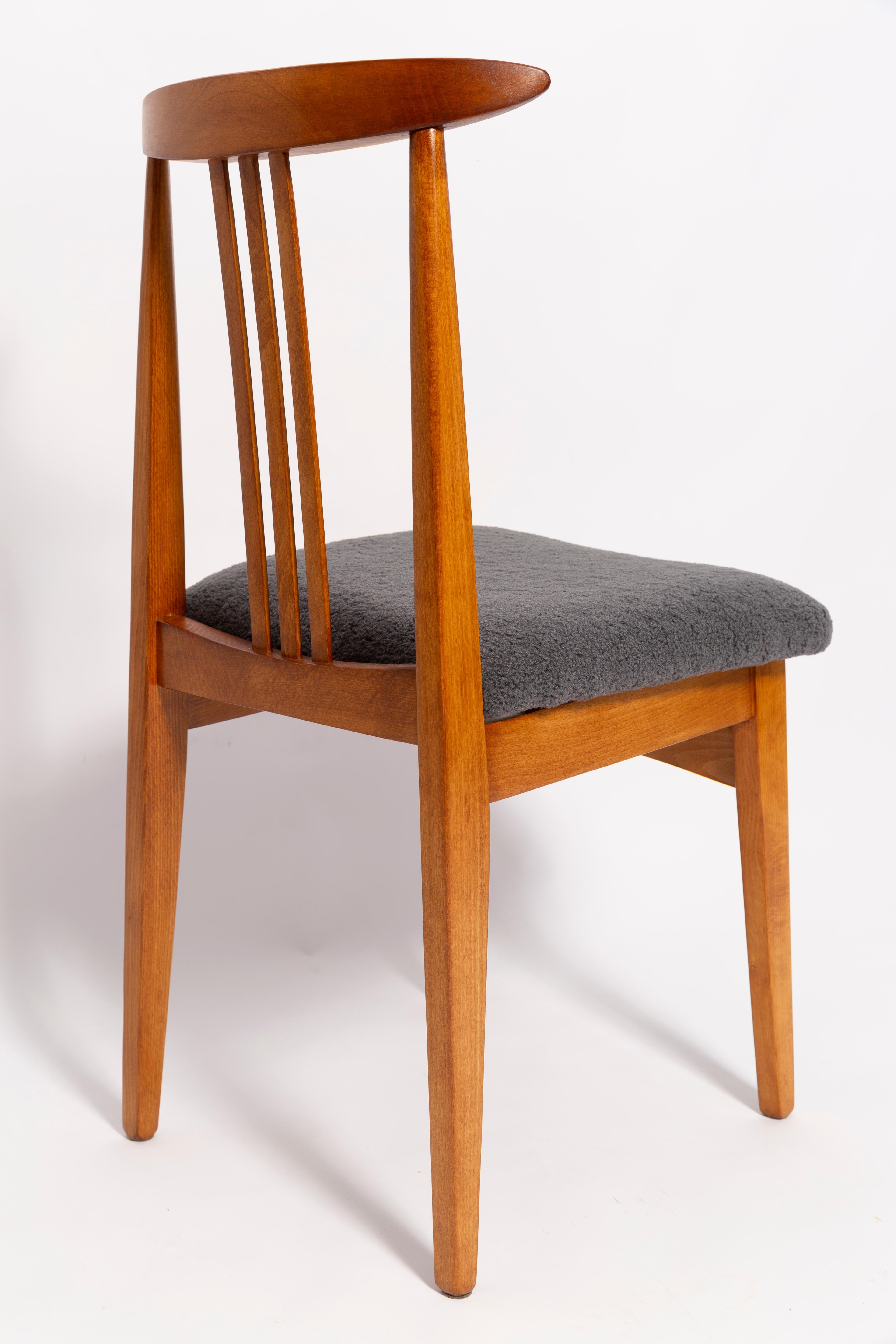 Hand-Crafted Mid-Century Graphite Gray Boucle Chair, Medium Wood, M. Zielinski, Europe, 1960 For Sale