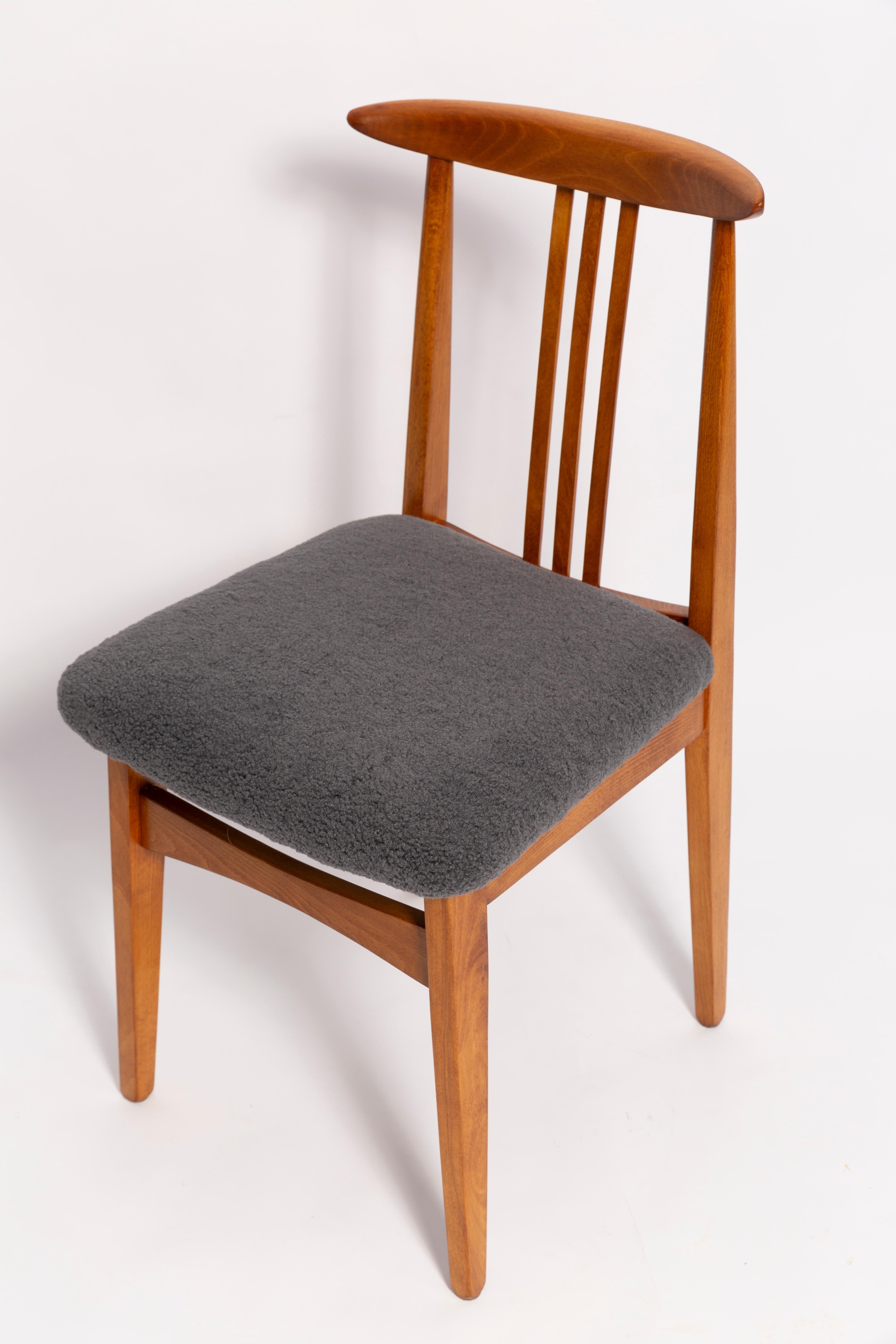 Bouclé Mid-Century Graphite Gray Boucle Chair, Medium Wood, M. Zielinski, Europe, 1960 For Sale