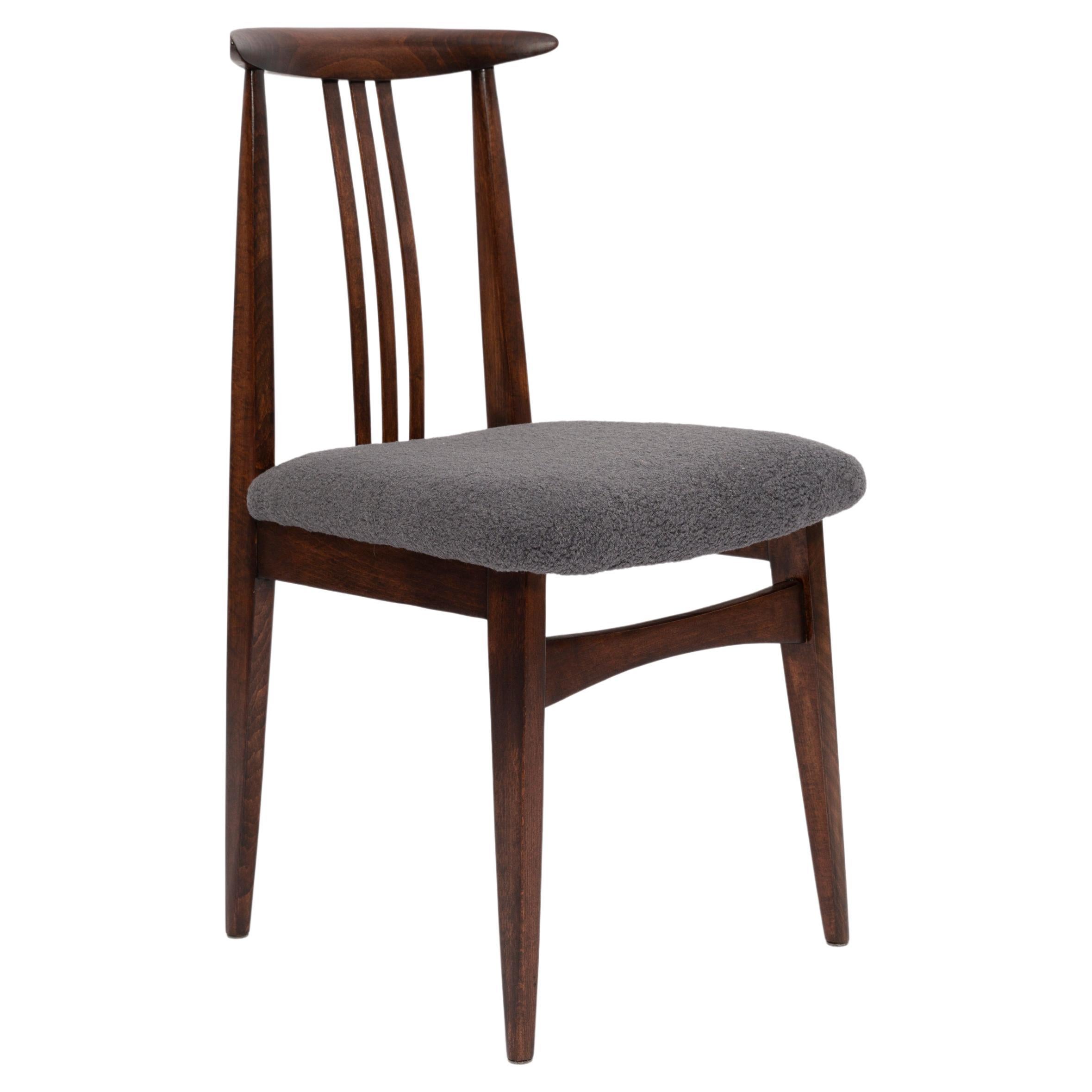 Mid-Century Graphite Gray Boucle Chair, Walnut Wood, M. Zielinski, Europe 1960