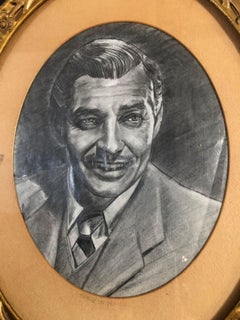 Dessin au crayon graphite du milieu du siècle de Clark Gable dans un cadre d'époque, usigné