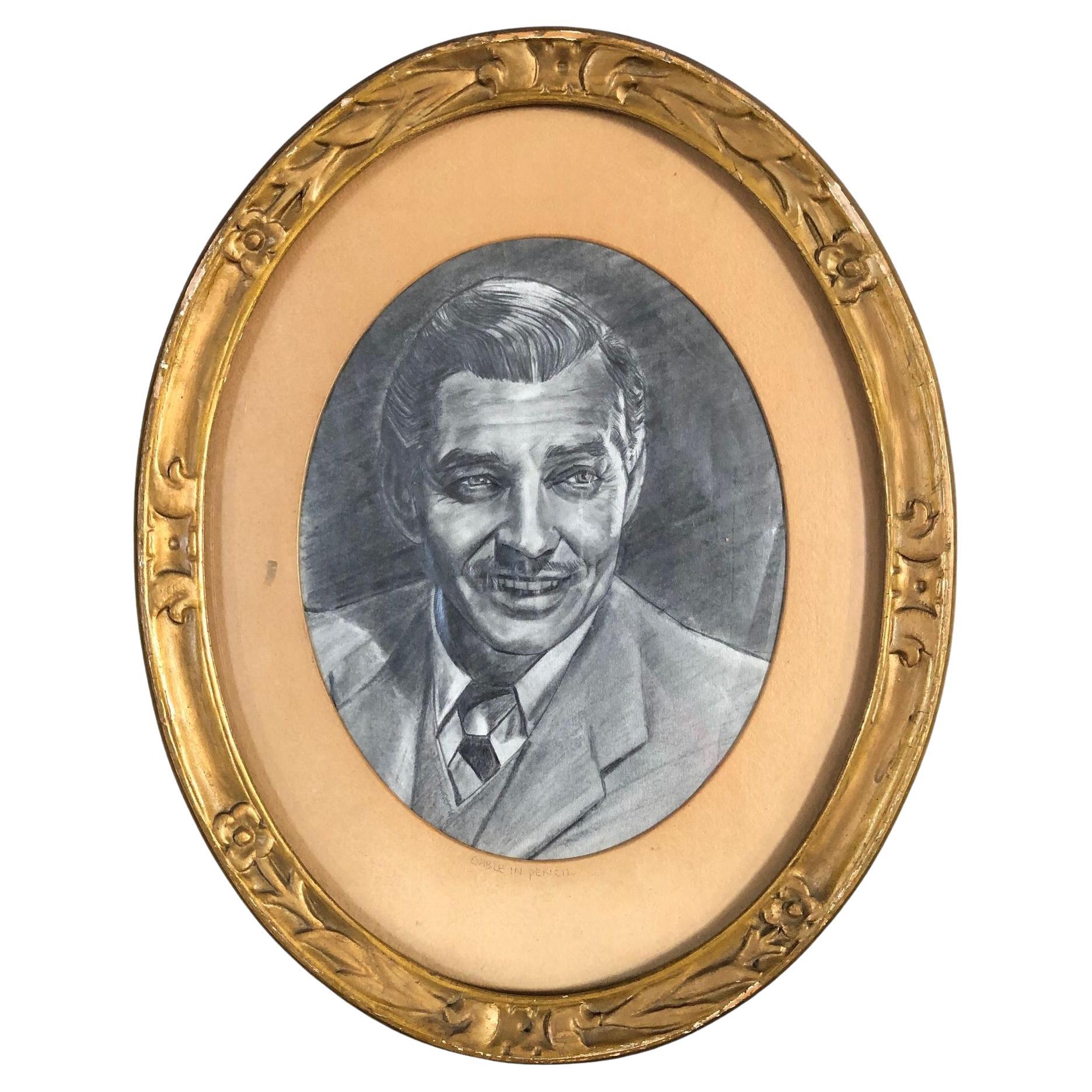 Mid-century Graphite Pencil Drawing of Clark Gable in Period Frame, Usigned en vente