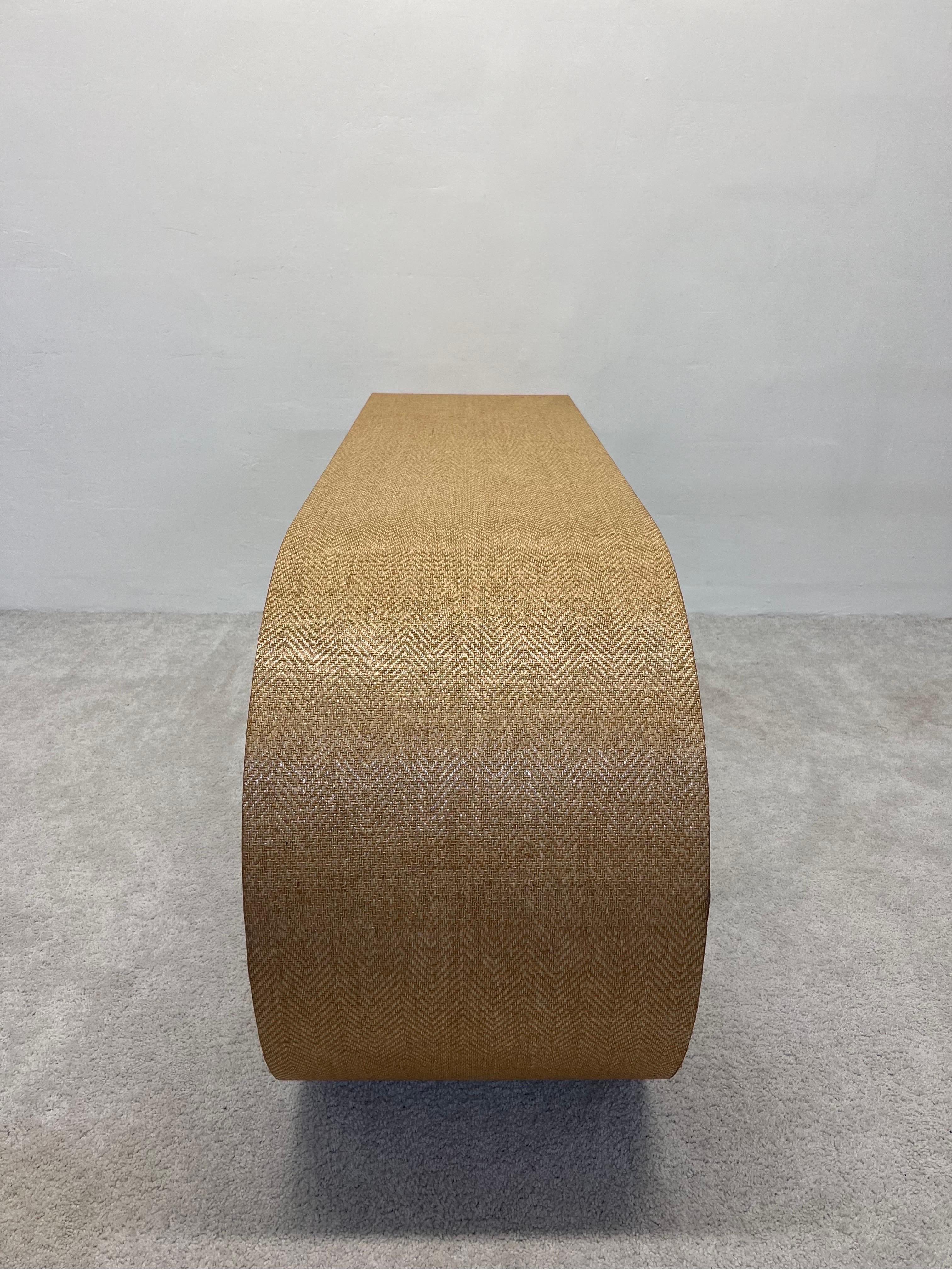 Unknown Mid-Century Grasscloth Covered Scroll Console Table or Desk