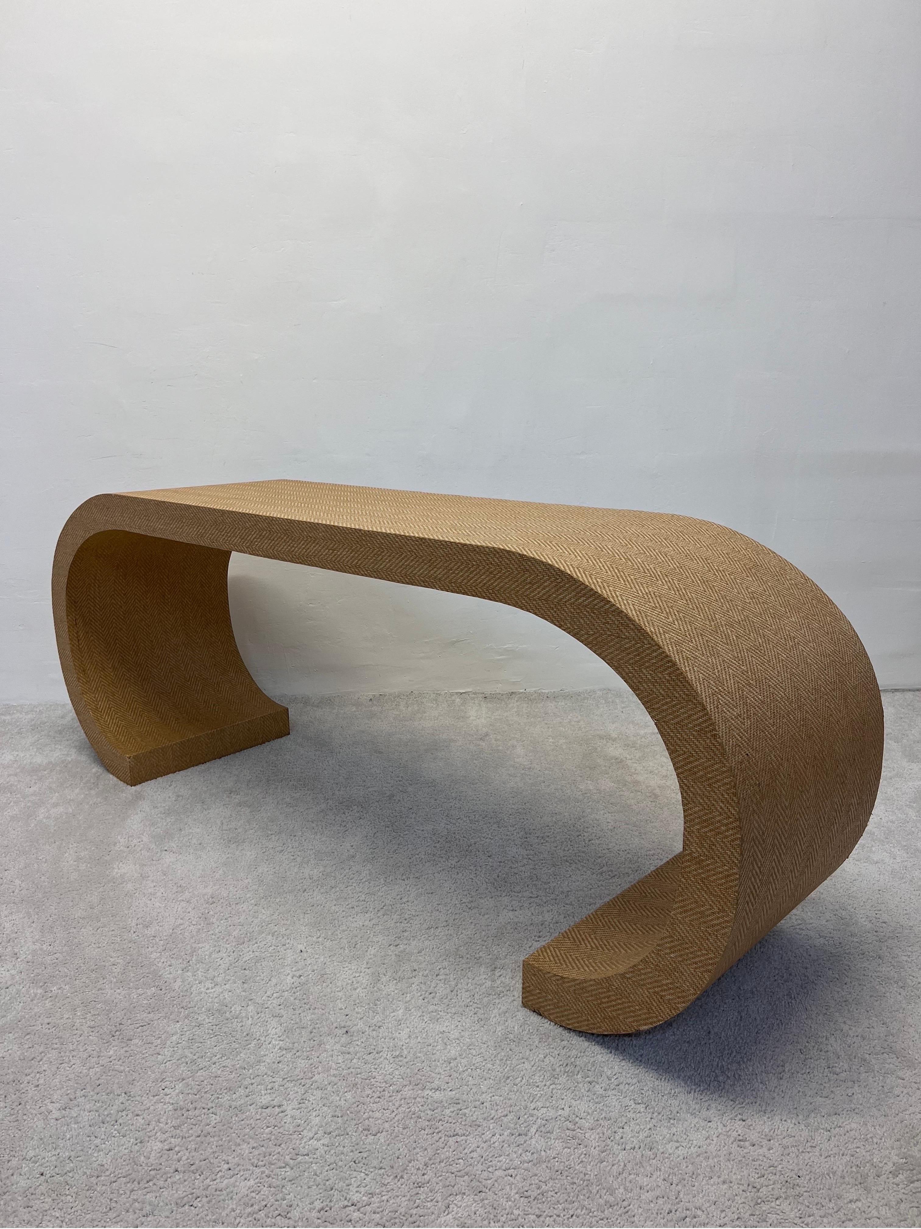 Mid-Century Grasscloth Covered Scroll Console Table or Desk In Good Condition In Miami, FL