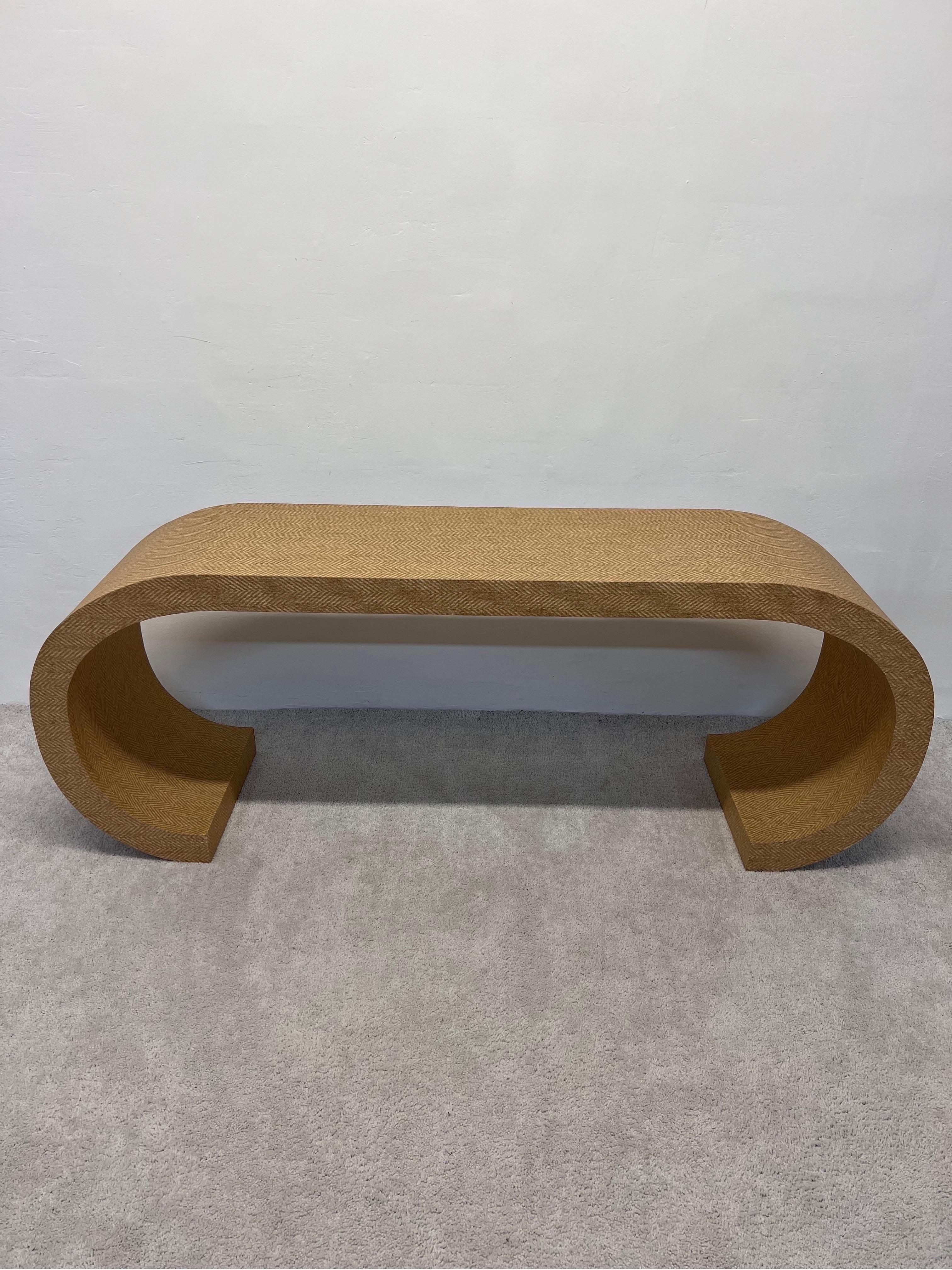 20th Century Mid-Century Grasscloth Covered Scroll Console Table or Desk