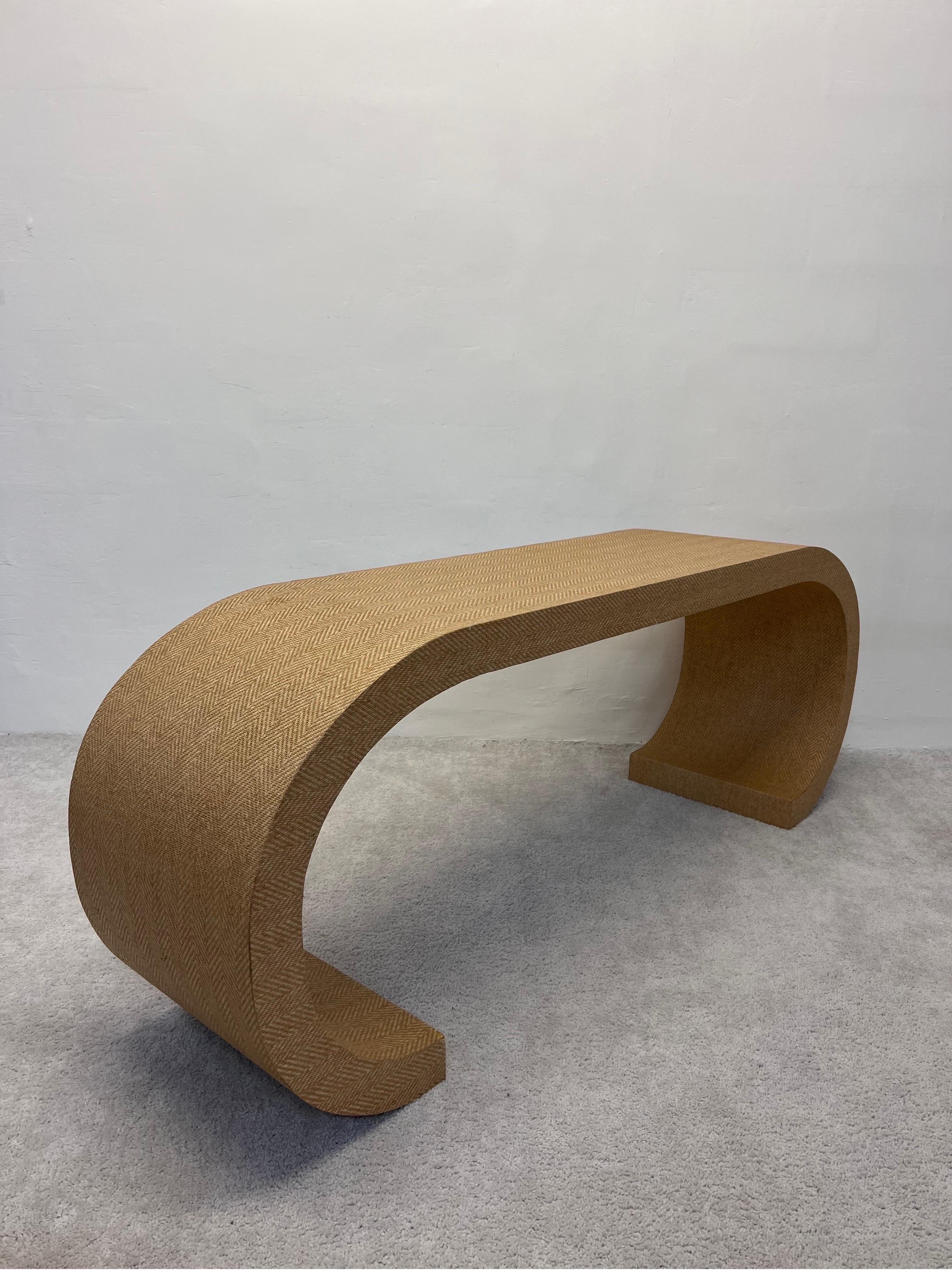 Mid-Century Grasscloth Covered Scroll Console Table or Desk 1