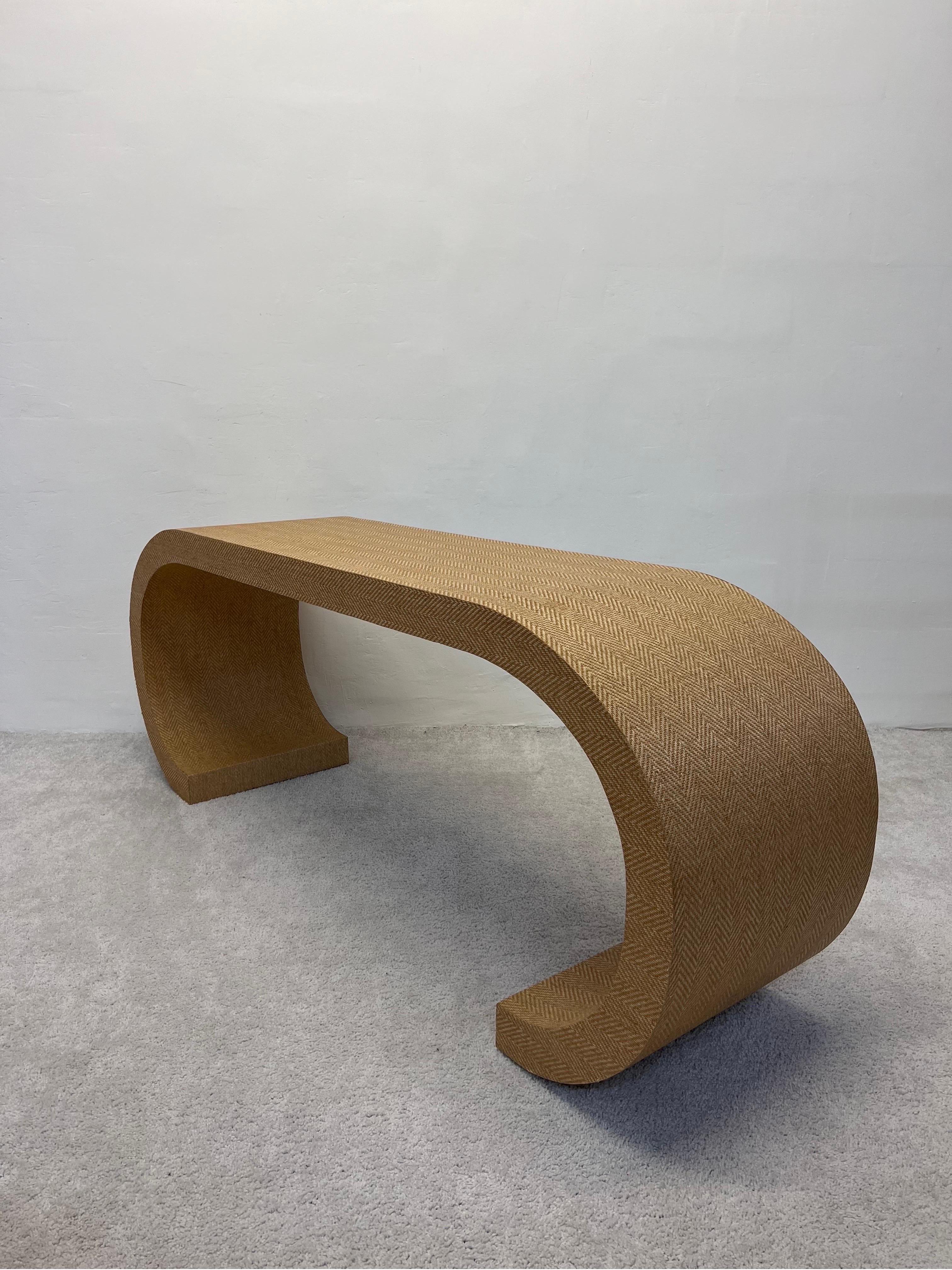 Mid-Century Grasscloth Covered Scroll Console Table or Desk 3