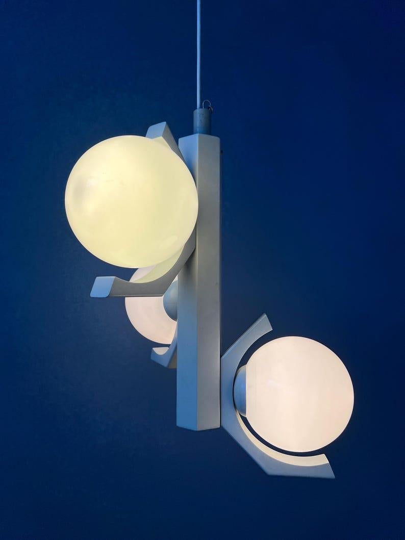 Space Age Mid Century Gray Bony Design Pendant Lamp with Opaline Glass Shades, 1970s For Sale