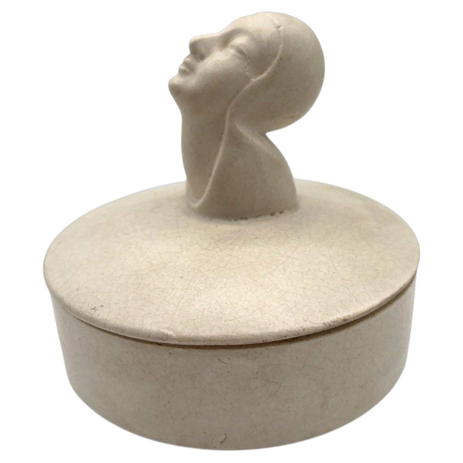 Mid-century Gray Earthenware Ceramic Vanity Powder Box w/ Female Bust Handle For Sale
